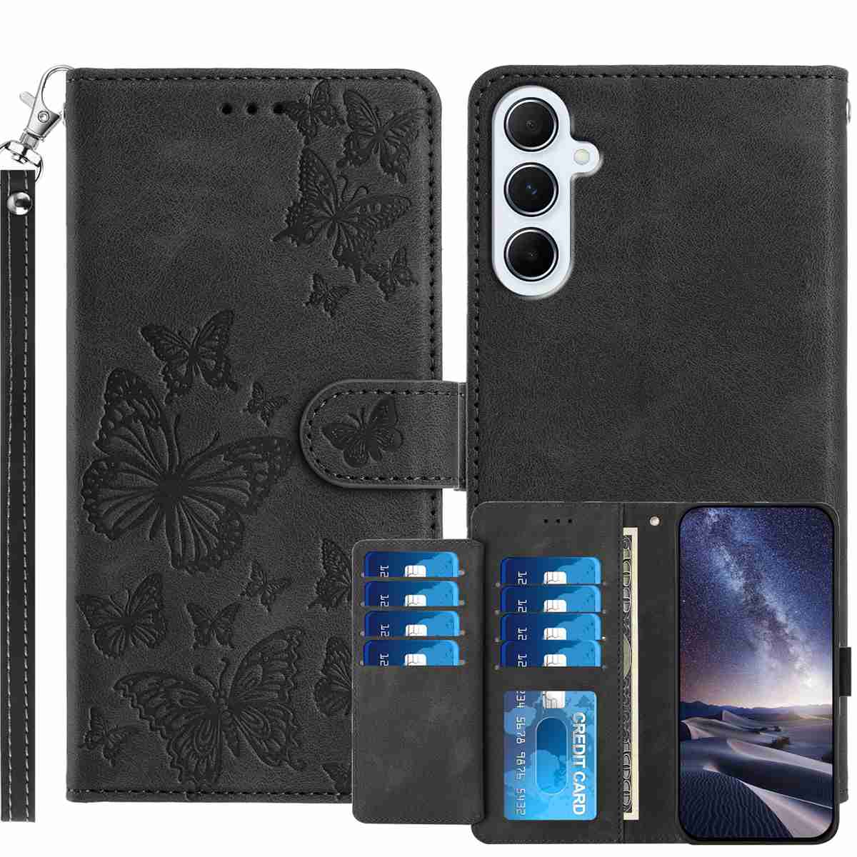 For Samsung Galaxy A18 5G / Galaxy A26 5G / Galaxy A17 5G Wallet Case with 8 Card Slot Stand Imprinted Butterfly Pattern PU Leather Phone Cover with Wrist Strap - Black