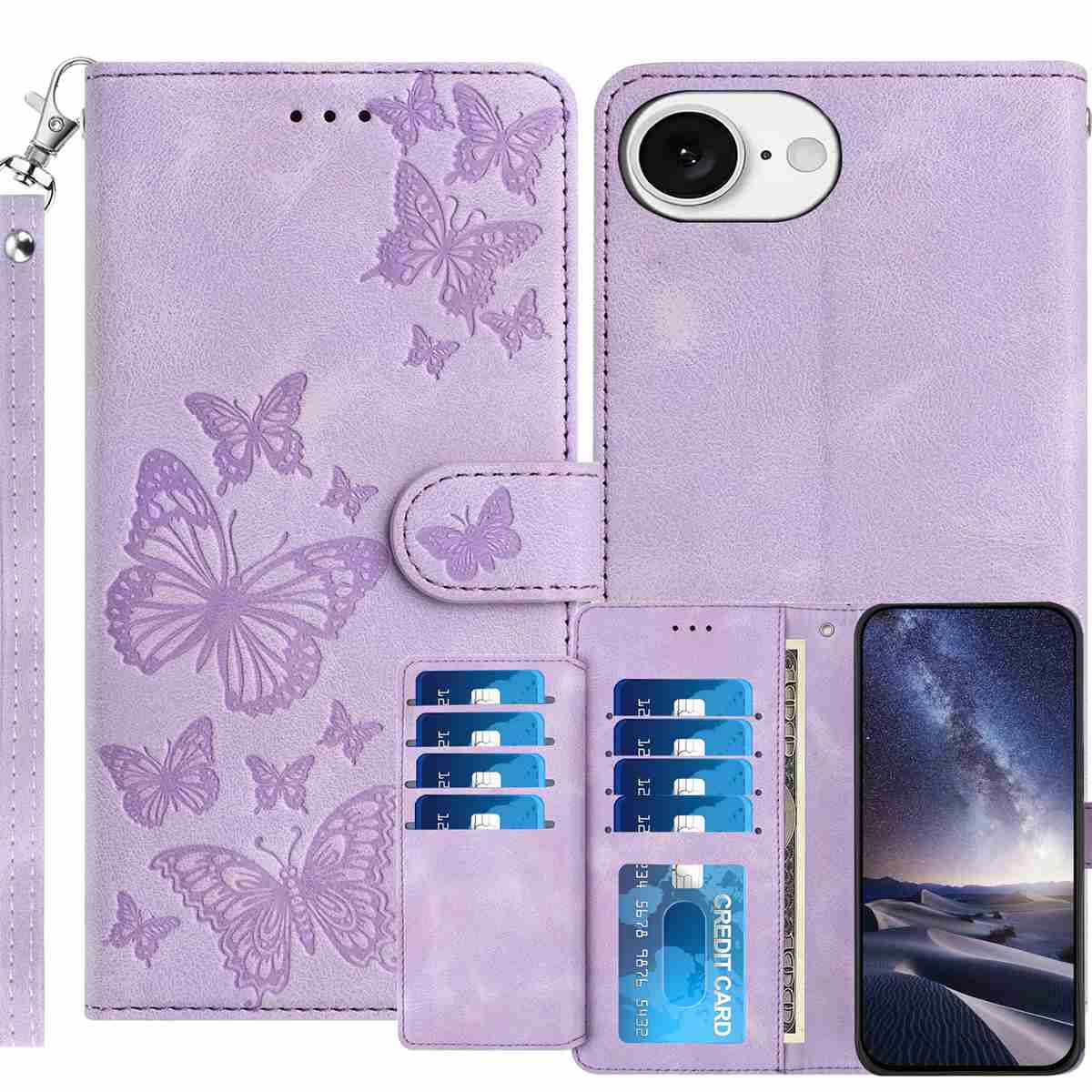 For iPhone 17e / iPhone 16e Wallet Case with 8 Card Slot Stand Imprinted Butterfly Pattern PU Leather Phone Cover with Wrist Strap - Purple