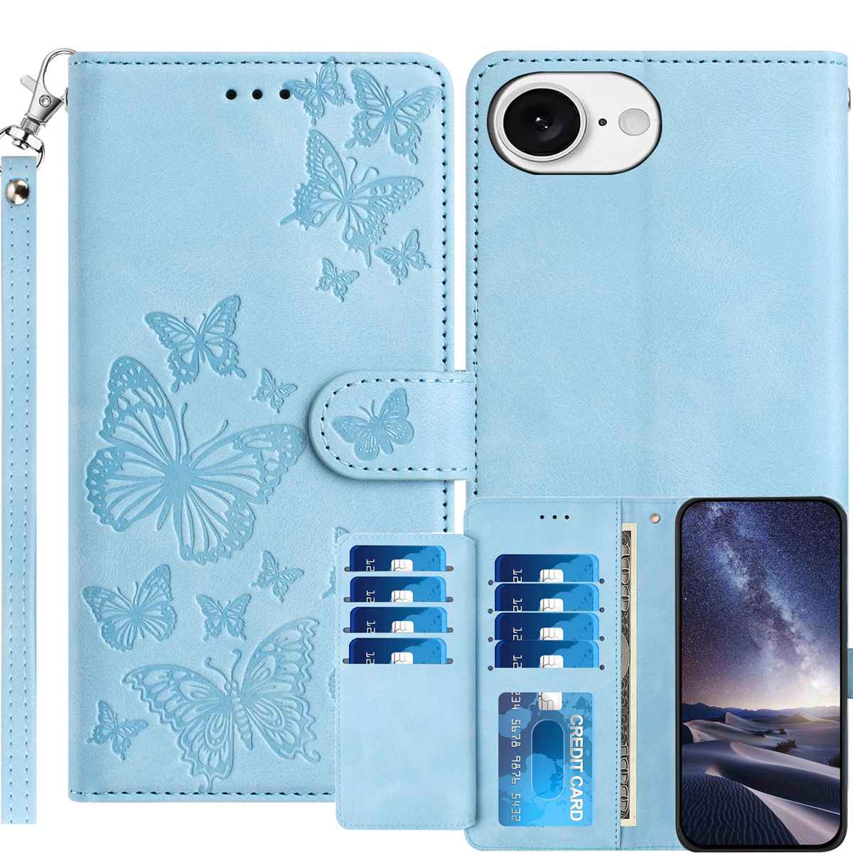 For iPhone 17e / iPhone 16e Wallet Case with 8 Card Slot Stand Imprinted Butterfly Pattern PU Leather Phone Cover with Wrist Strap - Sky Blue