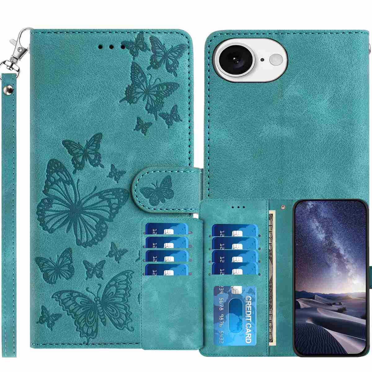 For iPhone 17e / iPhone 16e Wallet Case with 8 Card Slot Stand Imprinted Butterfly Pattern PU Leather Phone Cover with Wrist Strap - Green