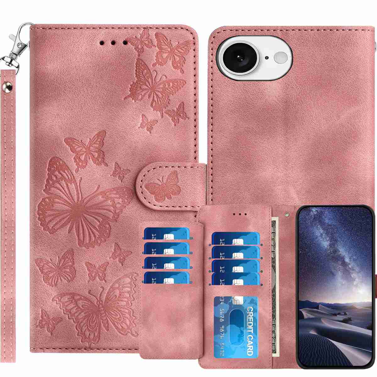 For iPhone 17e / iPhone 16e Wallet Case with 8 Card Slot Stand Imprinted Butterfly Pattern PU Leather Phone Cover with Wrist Strap - Pink