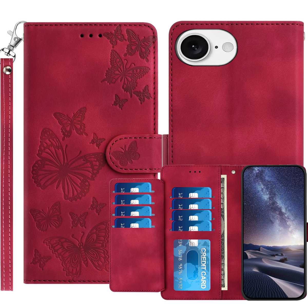 For iPhone 17e / iPhone 16e Wallet Case with 8 Card Slot Stand Imprinted Butterfly Pattern PU Leather Phone Cover with Wrist Strap - Red