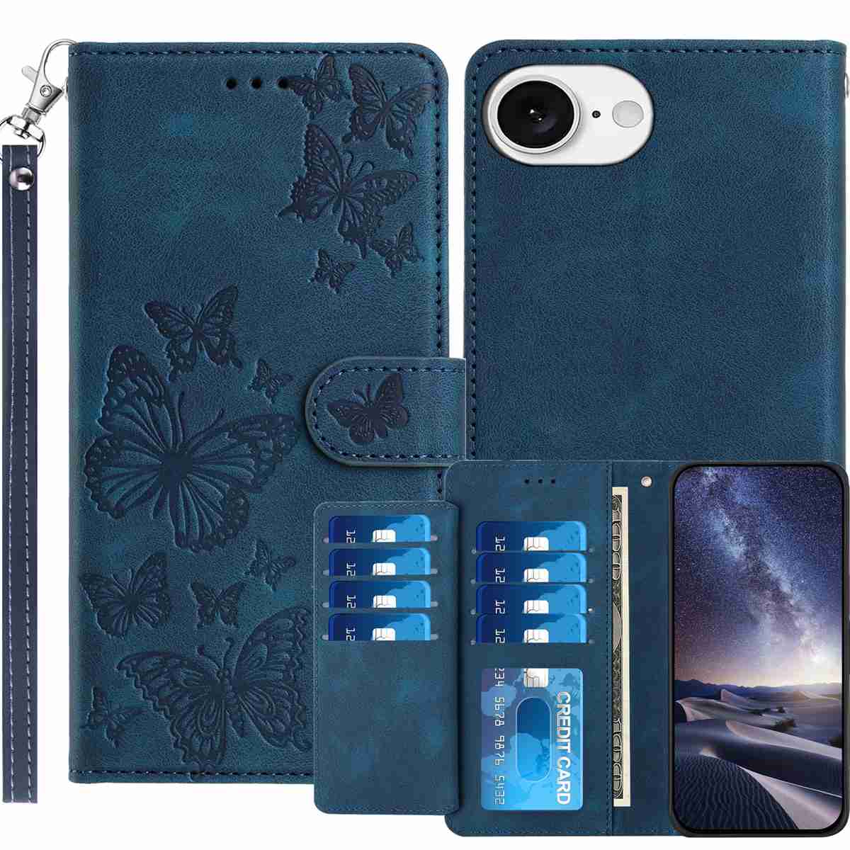For iPhone 17e / iPhone 16e Wallet Case with 8 Card Slot Stand Imprinted Butterfly Pattern PU Leather Phone Cover with Wrist Strap - Dark Blue