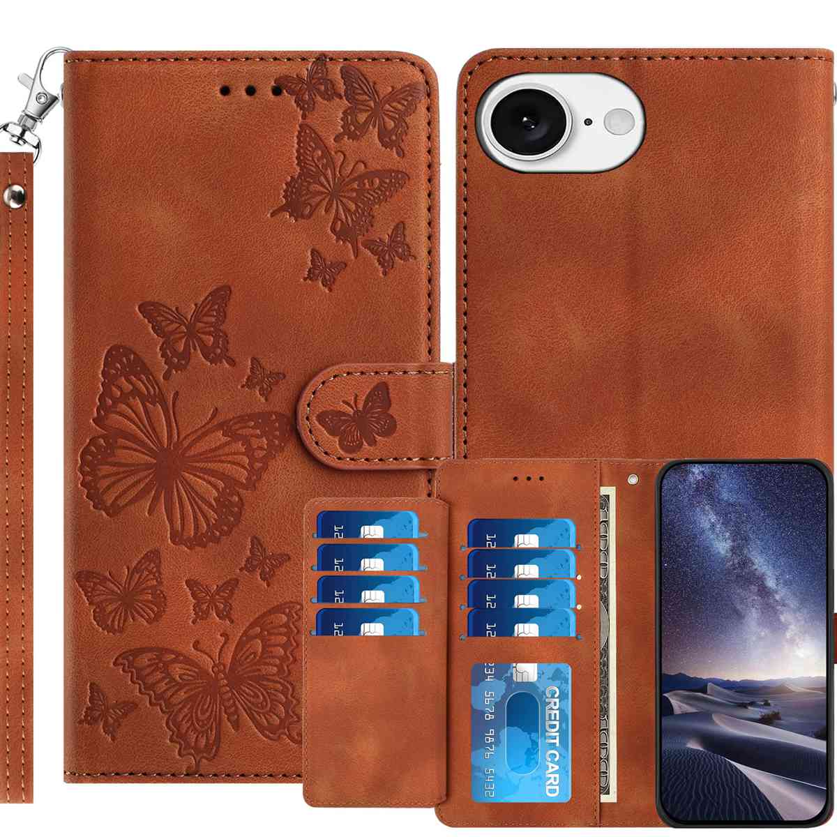 For iPhone 17e / iPhone 16e Wallet Case with 8 Card Slot Stand Imprinted Butterfly Pattern PU Leather Phone Cover with Wrist Strap - Brown
