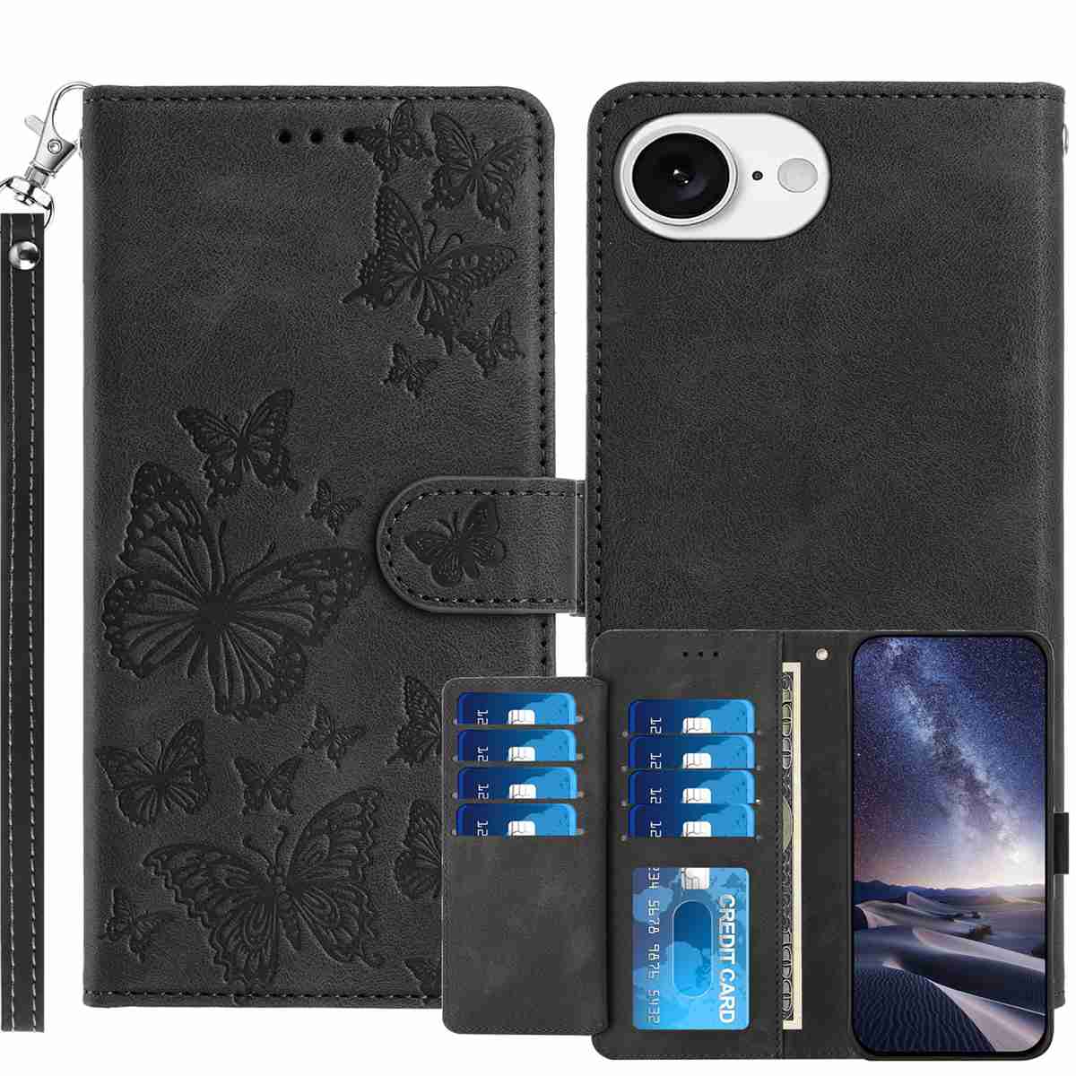 For iPhone 17e / iPhone 16e Wallet Case with 8 Card Slot Stand Imprinted Butterfly Pattern PU Leather Phone Cover with Wrist Strap - Black