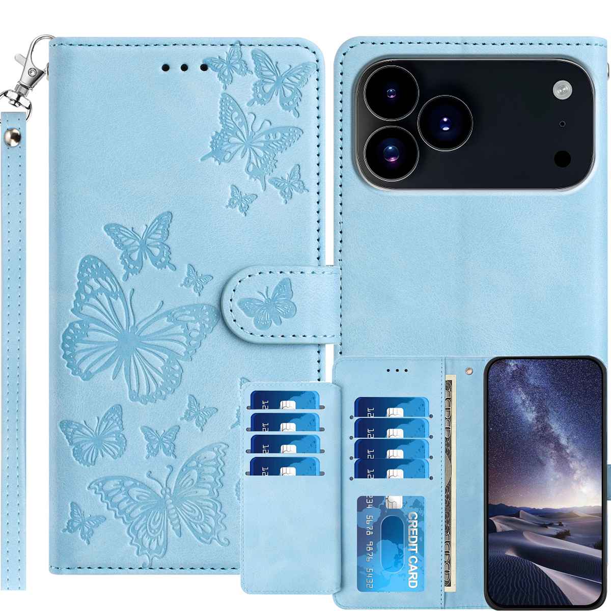 For iPhone 18 Pro / iPhone 17 Pro Wallet Case with 8 Card Slot Stand Imprinted Butterfly Pattern PU Leather Phone Cover with Wrist Strap - Sky Blue