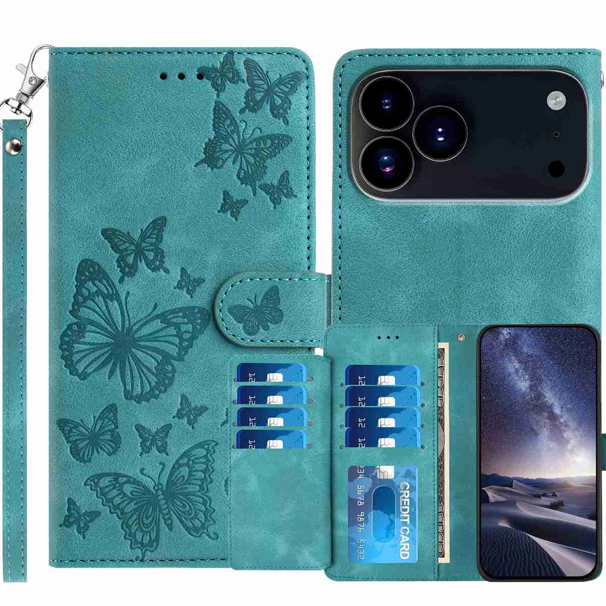 For iPhone 18 Pro / iPhone 17 Pro Wallet Case with 8 Card Slot Stand Imprinted Butterfly Pattern PU Leather Phone Cover with Wrist Strap - Green