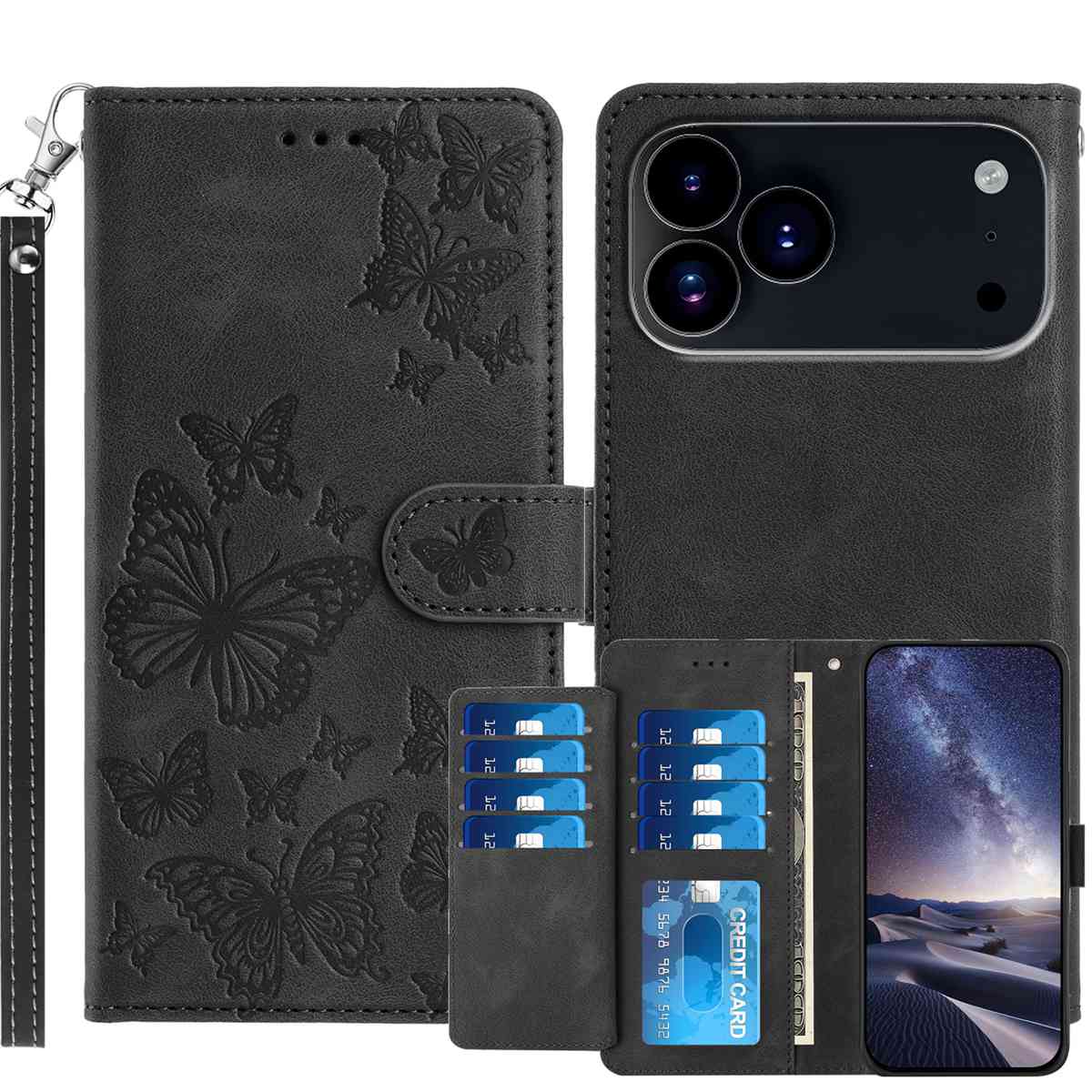 For iPhone 18 Pro / iPhone 17 Pro Wallet Case with 8 Card Slot Stand Imprinted Butterfly Pattern PU Leather Phone Cover with Wrist Strap - Black