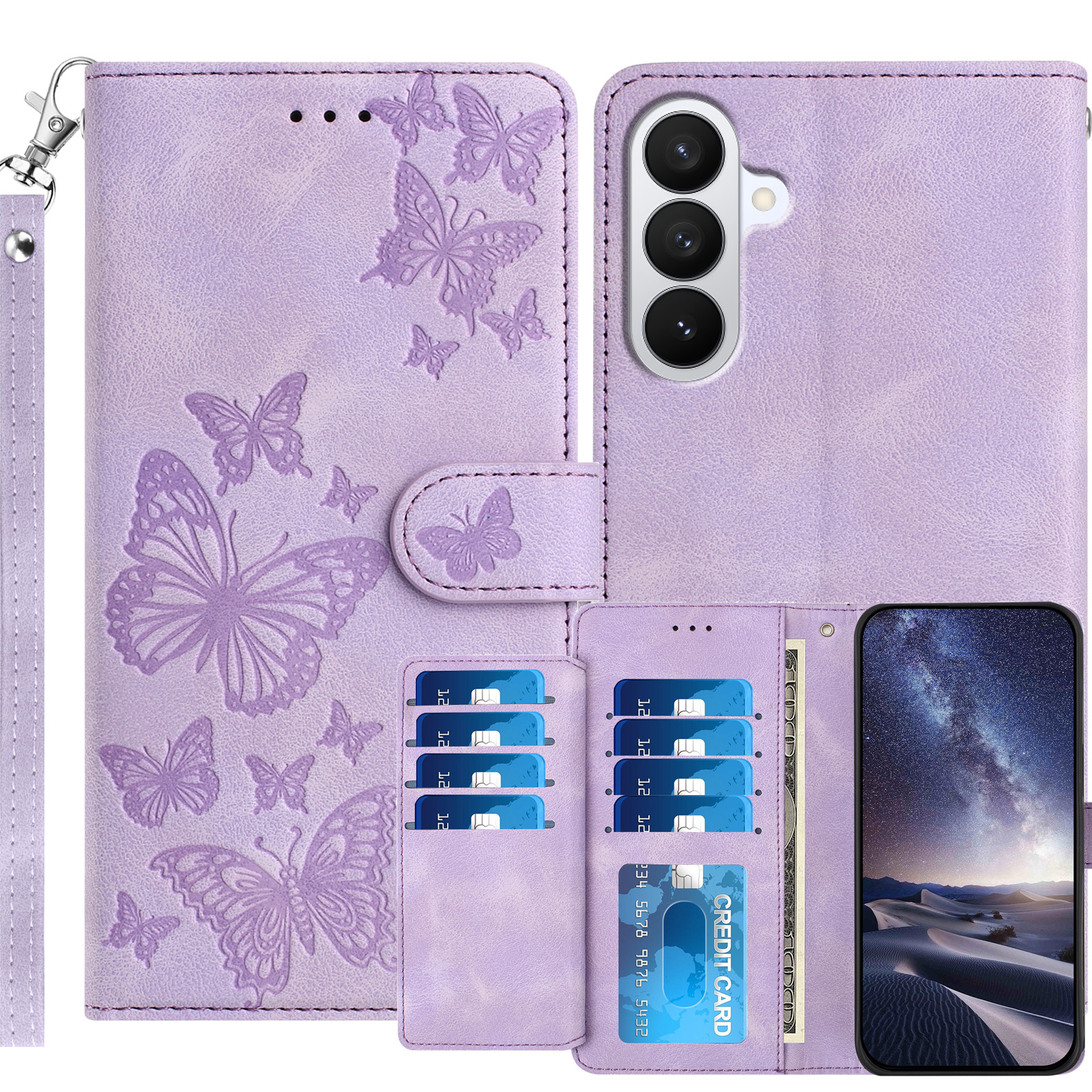 For Samsung Galaxy S27+ Wallet Case with 8 Card Slot Stand Imprinted Butterfly Pattern PU Leather Phone Cover with Wrist Strap - Purple