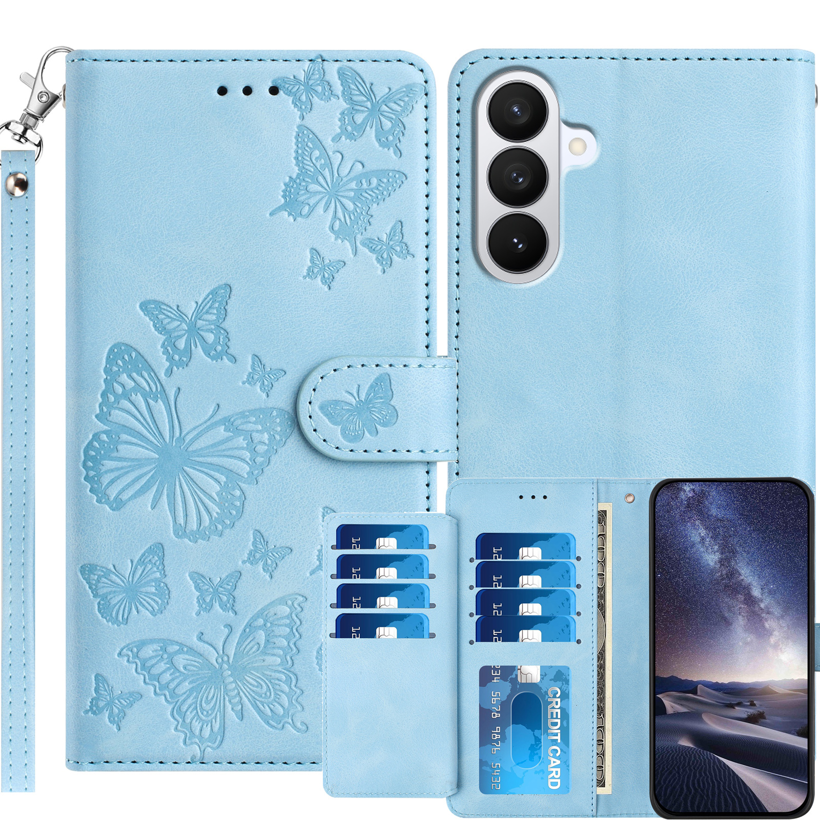 For Samsung Galaxy S27+ Wallet Case with 8 Card Slot Stand Imprinted Butterfly Pattern PU Leather Phone Cover with Wrist Strap - Sky Blue