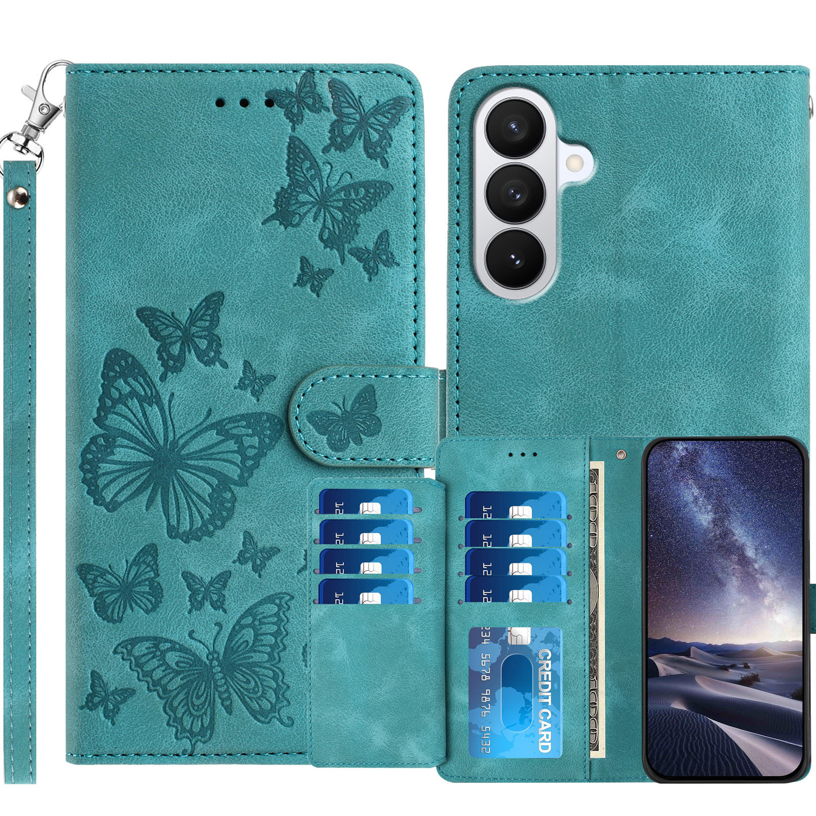 For Samsung Galaxy S27+ Wallet Case with 8 Card Slot Stand Imprinted Butterfly Pattern PU Leather Phone Cover with Wrist Strap - Green