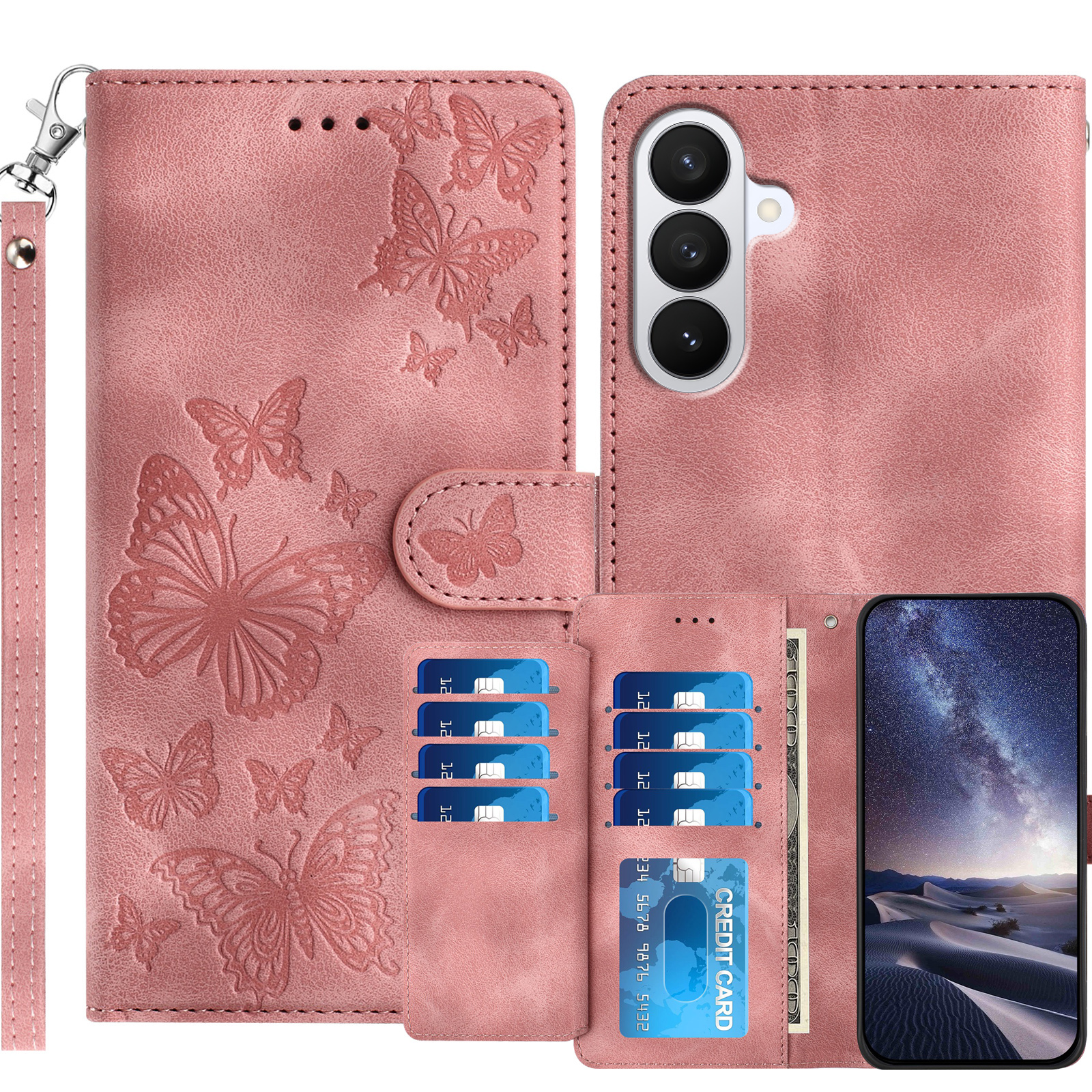 For Samsung Galaxy S27+ Wallet Case with 8 Card Slot Stand Imprinted Butterfly Pattern PU Leather Phone Cover with Wrist Strap - Pink