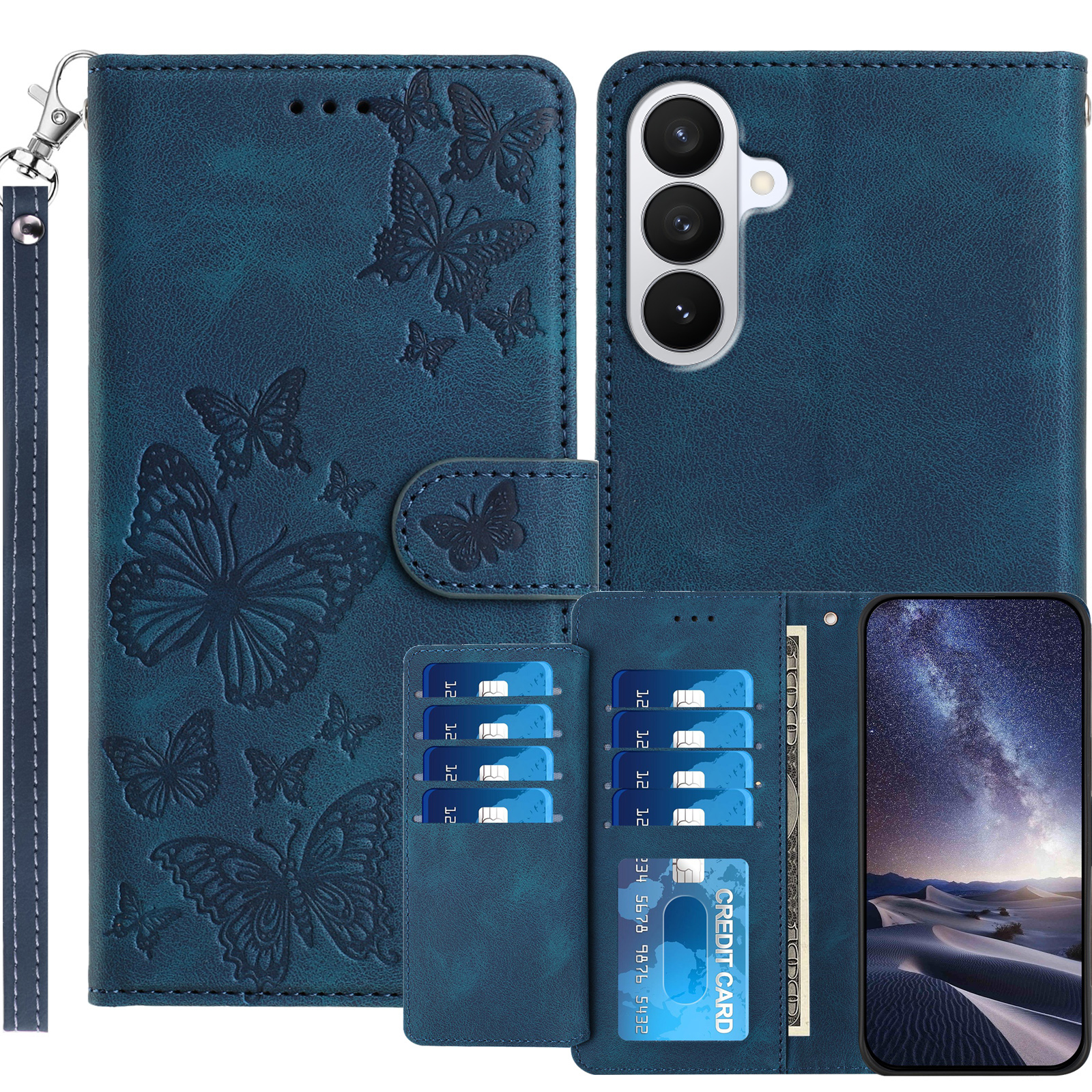 For Samsung Galaxy S27+ Wallet Case with 8 Card Slot Stand Imprinted Butterfly Pattern PU Leather Phone Cover with Wrist Strap - Dark Blue
