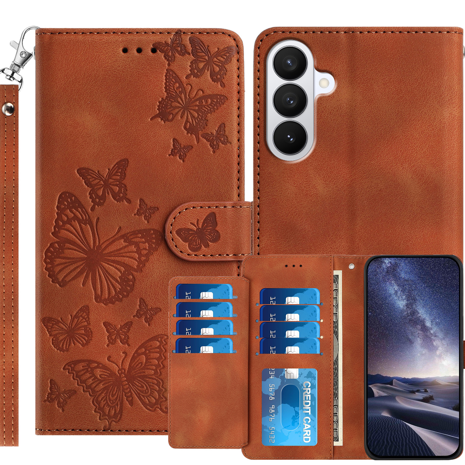For Samsung Galaxy S27+ Wallet Case with 8 Card Slot Stand Imprinted Butterfly Pattern PU Leather Phone Cover with Wrist Strap - Brown