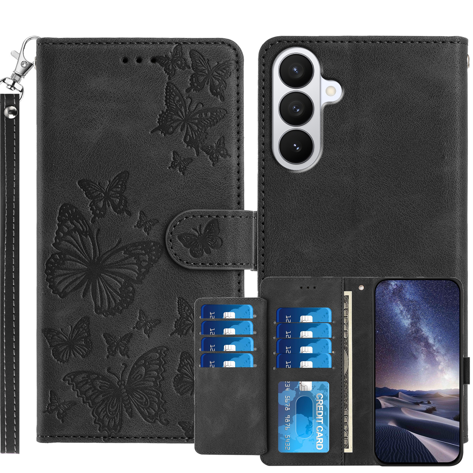 For Samsung Galaxy S27+ Wallet Case with 8 Card Slot Stand Imprinted Butterfly Pattern PU Leather Phone Cover with Wrist Strap - Black