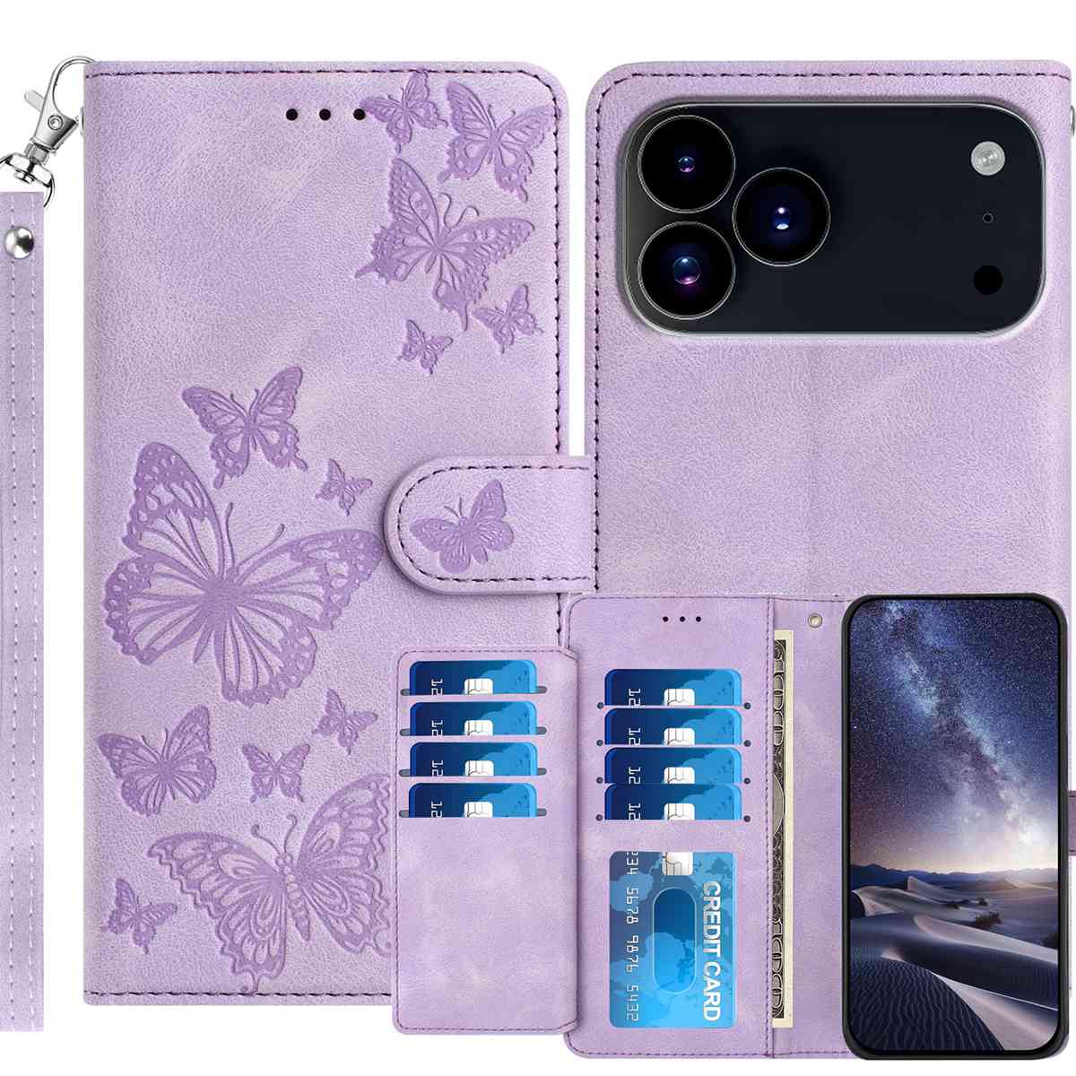 For iPhone 18 Pro Max / iPhone 17 Pro Max Wallet Case with 8 Card Slot Stand Imprinted Butterfly Pattern PU Leather Phone Cover with Wrist Strap - Purple