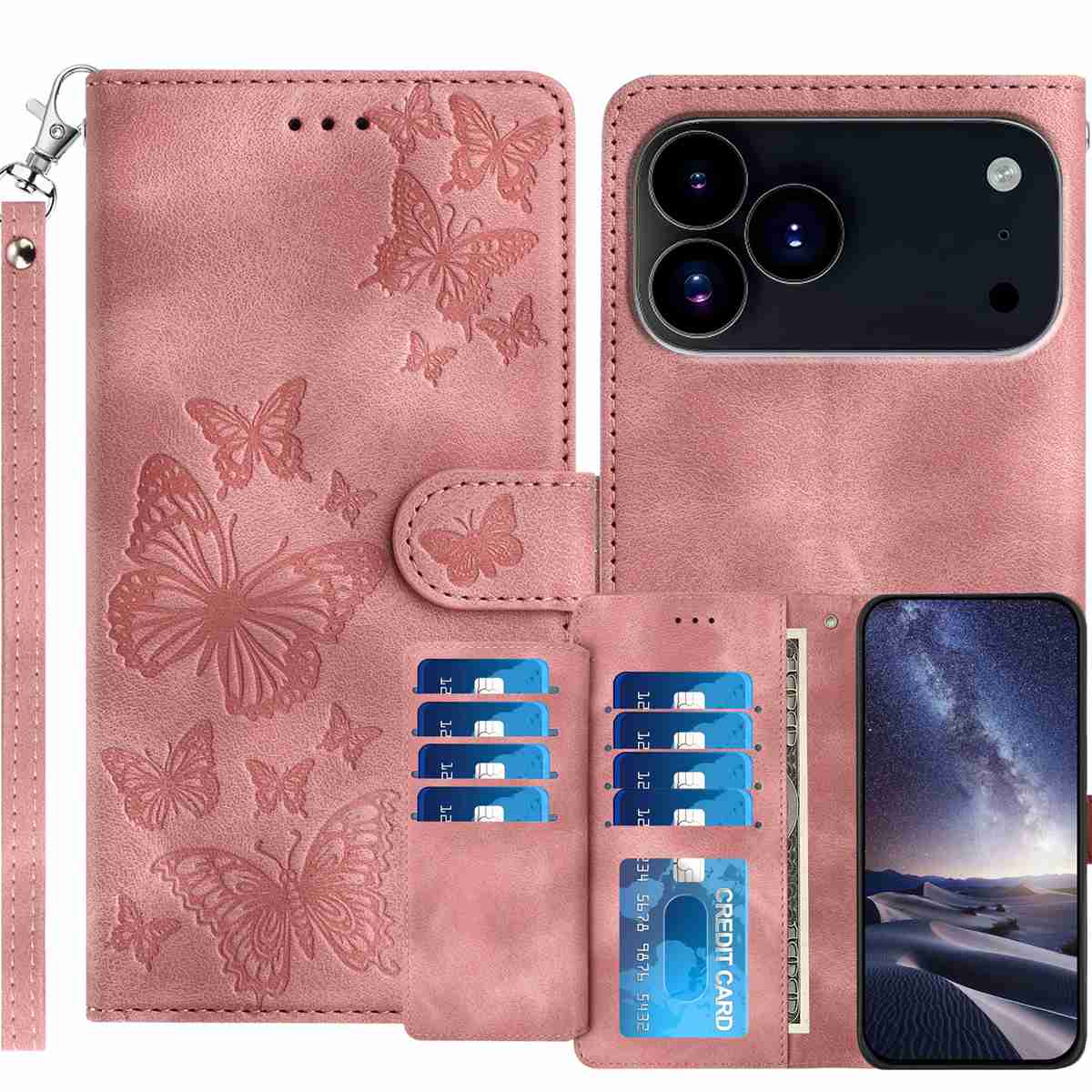 For iPhone 18 Pro Max / iPhone 17 Pro Max Wallet Case with 8 Card Slot Stand Imprinted Butterfly Pattern PU Leather Phone Cover with Wrist Strap - Pink