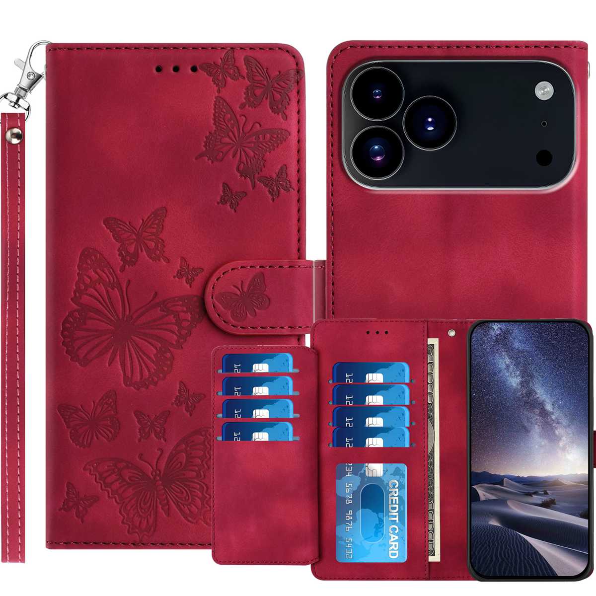For iPhone 18 Pro Max / iPhone 17 Pro Max Wallet Case with 8 Card Slot Stand Imprinted Butterfly Pattern PU Leather Phone Cover with Wrist Strap - Red