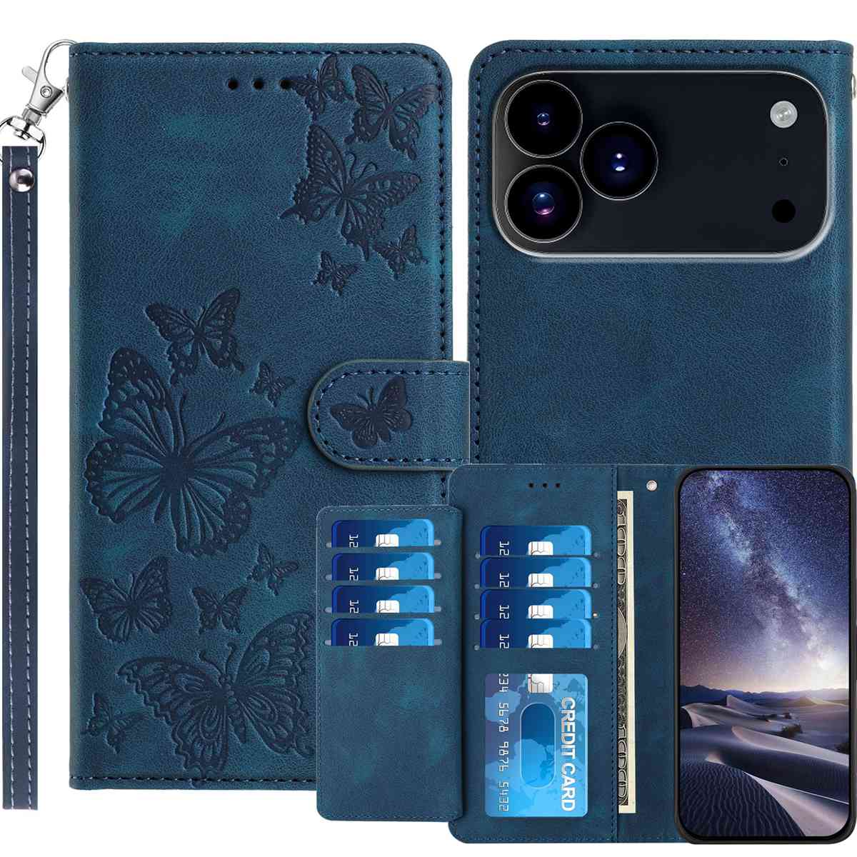For iPhone 18 Pro Max / iPhone 17 Pro Max Wallet Case with 8 Card Slot Stand Imprinted Butterfly Pattern PU Leather Phone Cover with Wrist Strap - Dark Blue