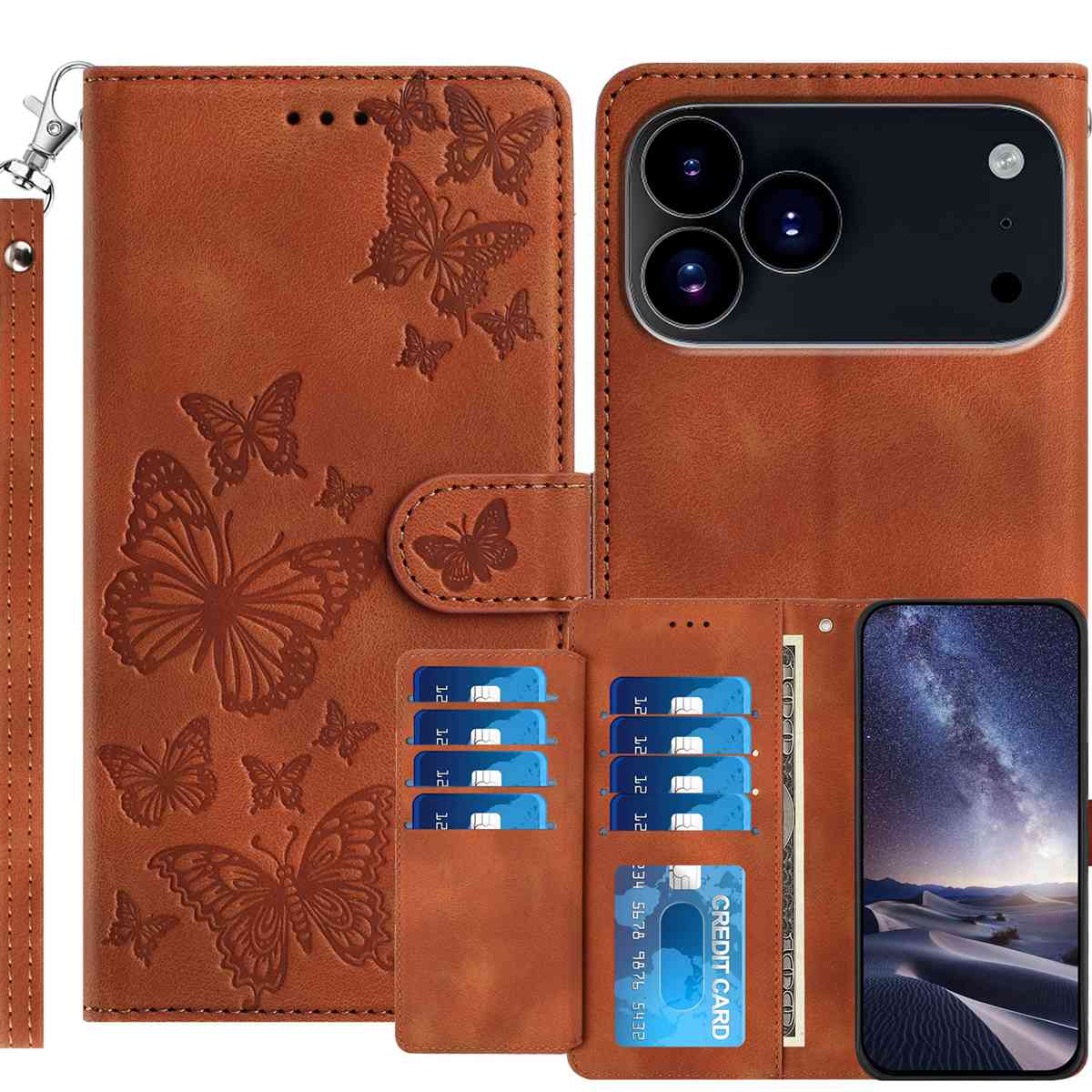 For iPhone 18 Pro Max / iPhone 17 Pro Max Wallet Case with 8 Card Slot Stand Imprinted Butterfly Pattern PU Leather Phone Cover with Wrist Strap - Brown