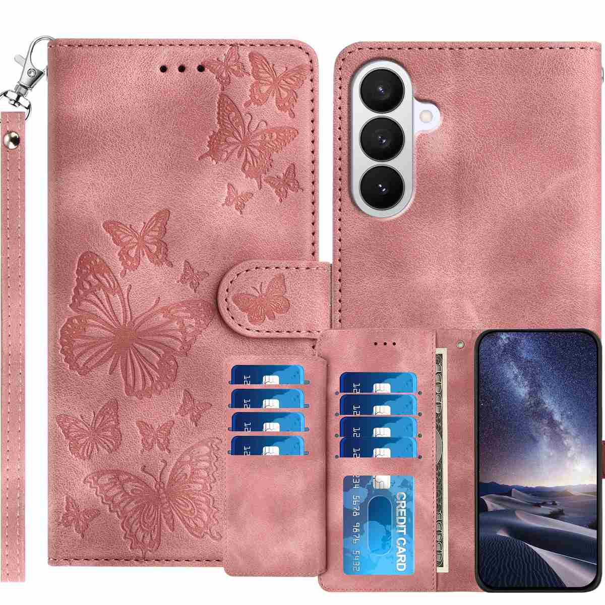 For Samsung Galaxy S27 Wallet Case with 8 Card Slot Stand Imprinted Butterfly Pattern PU Leather Phone Cover with Wrist Strap - Pink