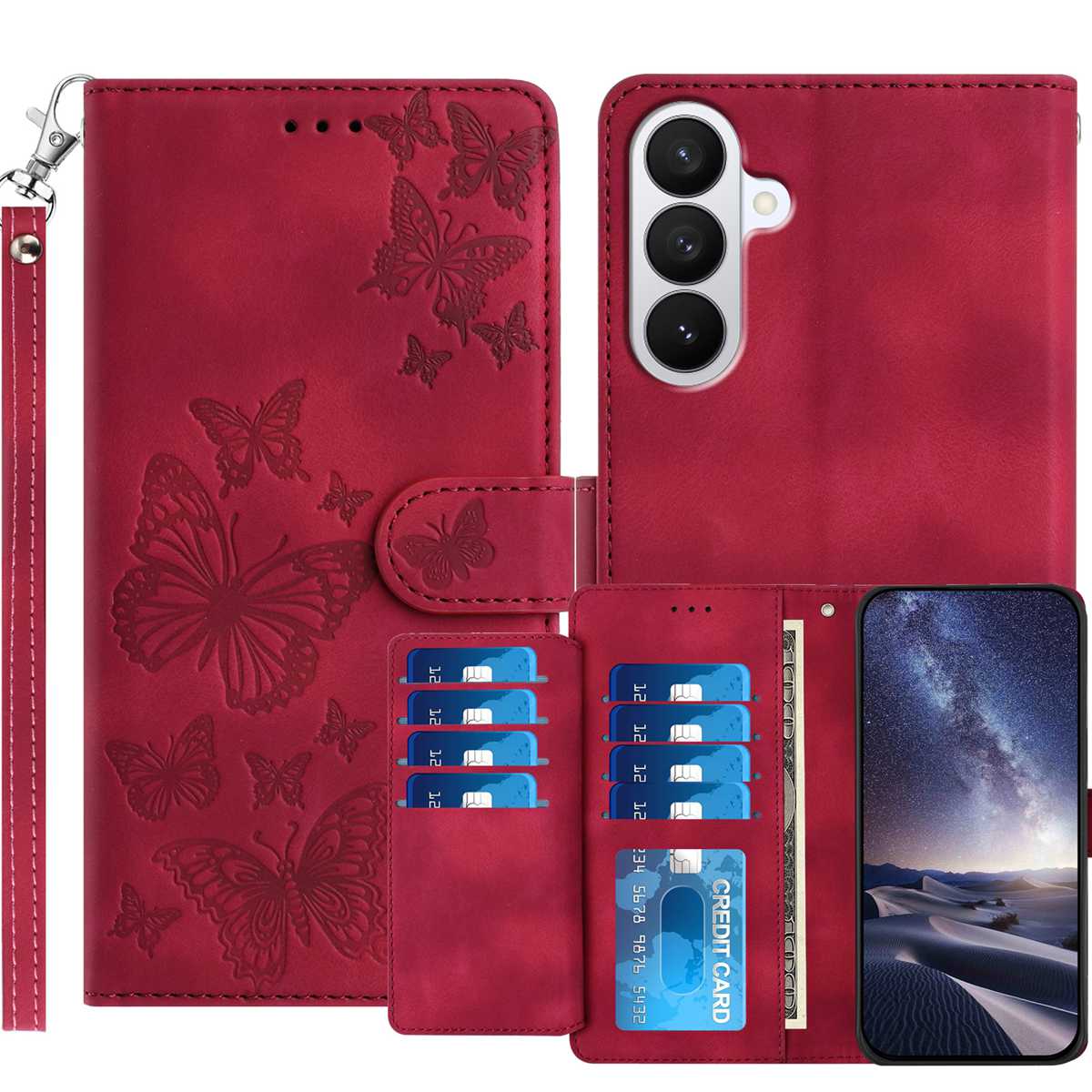 For Samsung Galaxy S27 Wallet Case with 8 Card Slot Stand Imprinted Butterfly Pattern PU Leather Phone Cover with Wrist Strap - Red
