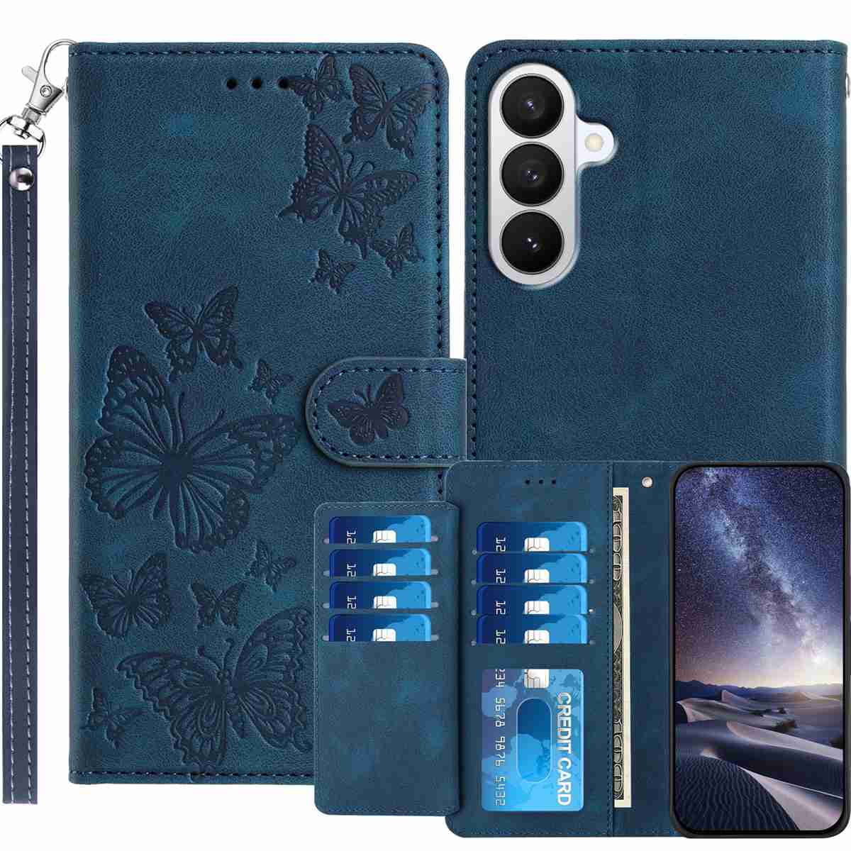 For Samsung Galaxy S27 Wallet Case with 8 Card Slot Stand Imprinted Butterfly Pattern PU Leather Phone Cover with Wrist Strap - Dark Blue