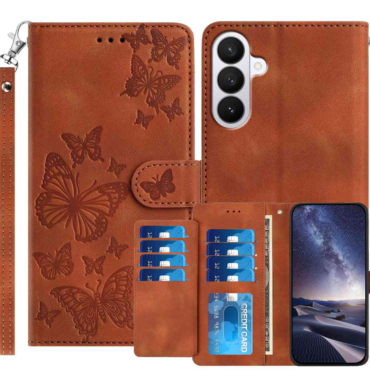 For Samsung Galaxy S27 Wallet Case with 8 Card Slot Stand Imprinted Butterfly Pattern PU Leather Phone Cover with Wrist Strap - Brown