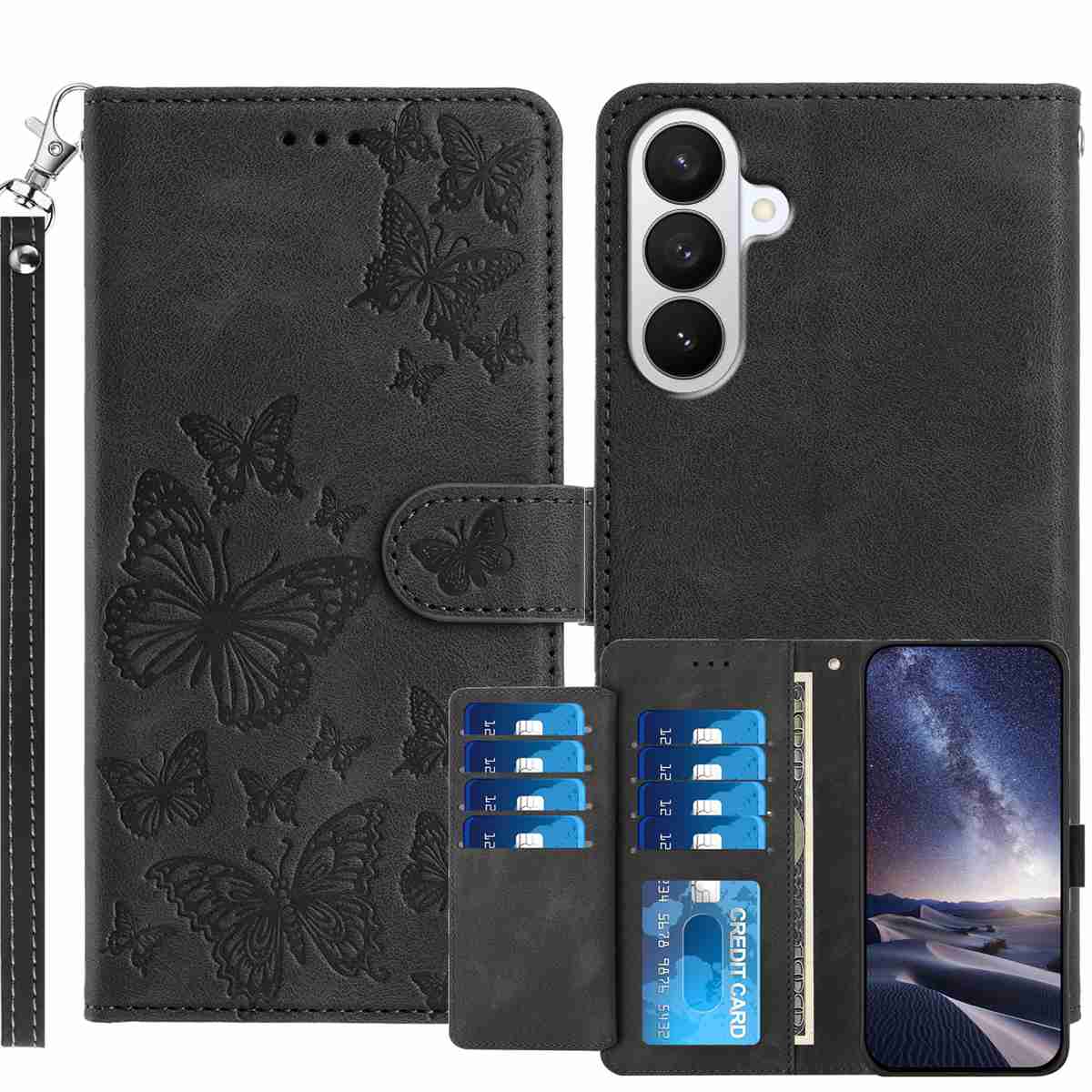 For Samsung Galaxy S27 Wallet Case with 8 Card Slot Stand Imprinted Butterfly Pattern PU Leather Phone Cover with Wrist Strap - Black