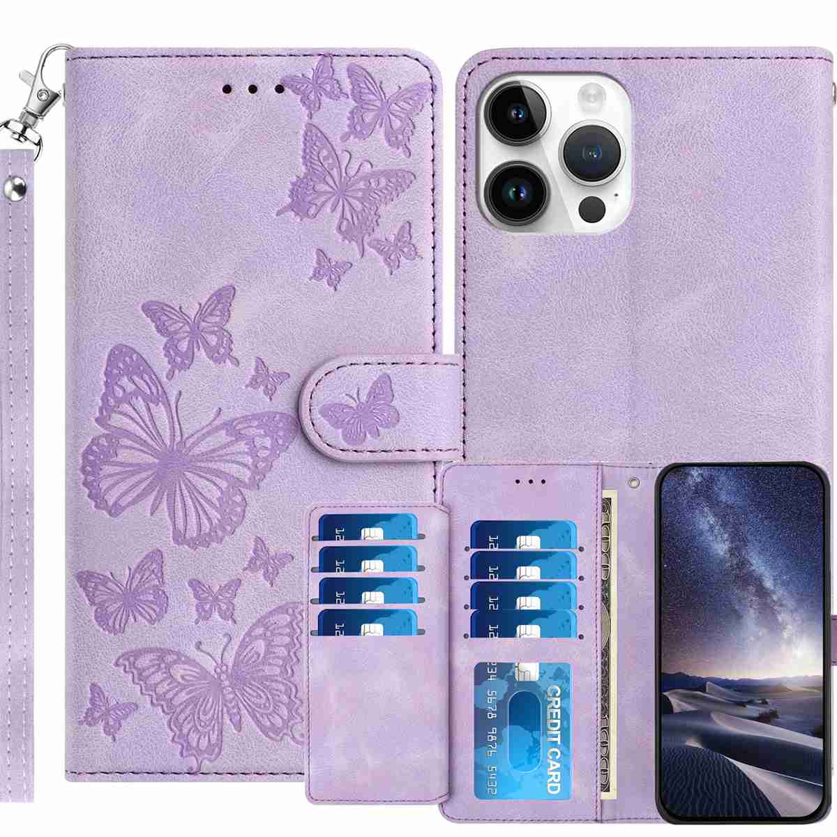 For iPhone 16 Pro Max Wallet Case with 8 Card Slot Stand Imprinted Butterfly Pattern PU Leather Phone Cover with Wrist Strap - Purple