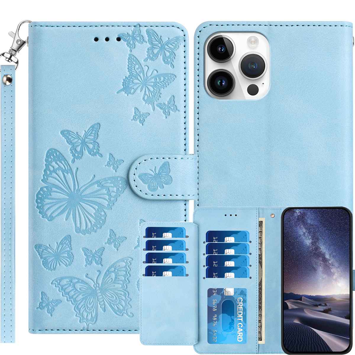 For iPhone 16 Pro Max Wallet Case with 8 Card Slot Stand Imprinted Butterfly Pattern PU Leather Phone Cover with Wrist Strap - Sky Blue