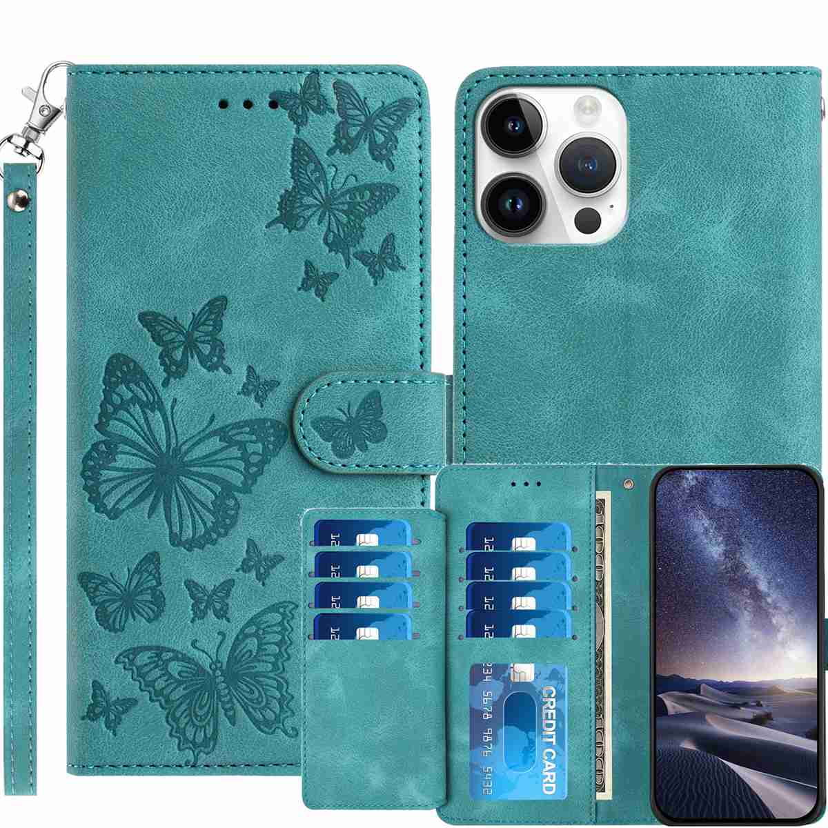 For iPhone 16 Pro Max Wallet Case with 8 Card Slot Stand Imprinted Butterfly Pattern PU Leather Phone Cover with Wrist Strap - Green
