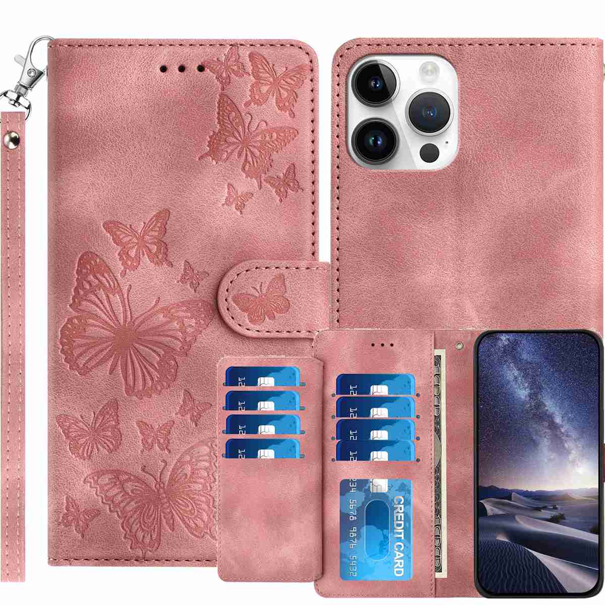 For iPhone 16 Pro Max Wallet Case with 8 Card Slot Stand Imprinted Butterfly Pattern PU Leather Phone Cover with Wrist Strap - Pink