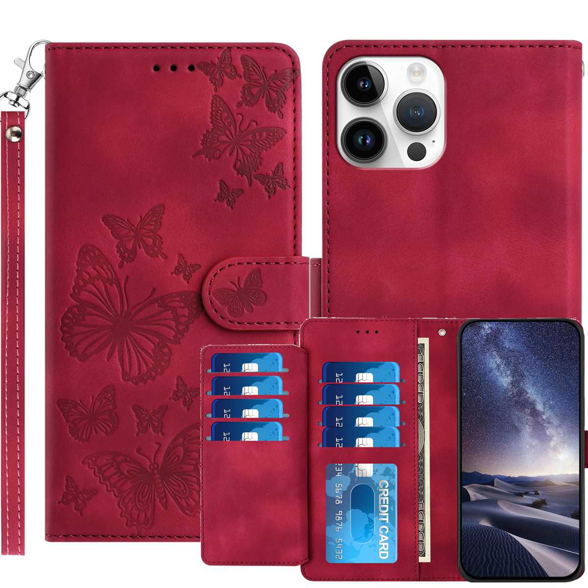 For iPhone 16 Pro Max Wallet Case with 8 Card Slot Stand Imprinted Butterfly Pattern PU Leather Phone Cover with Wrist Strap - Red