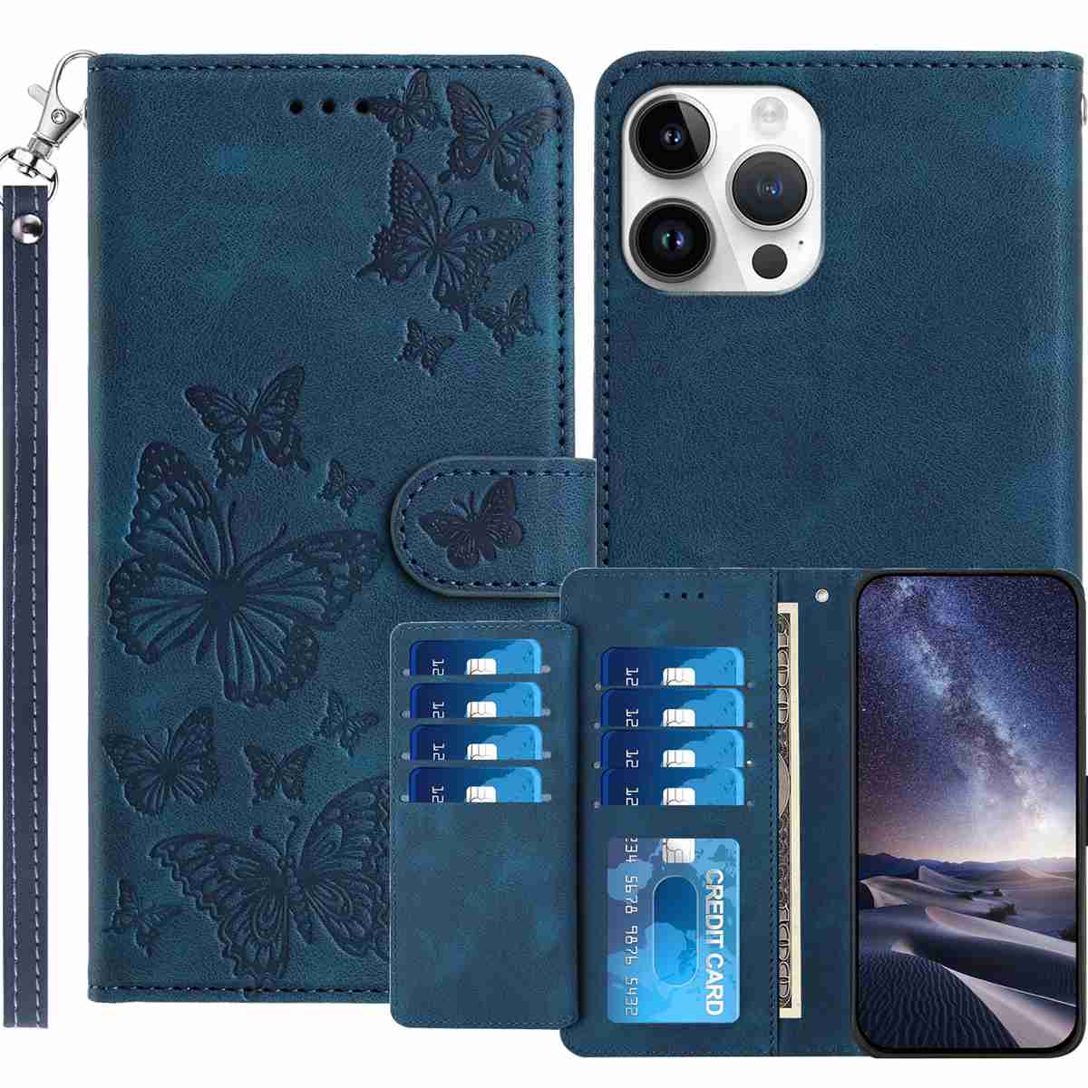 For iPhone 16 Pro Max Wallet Case with 8 Card Slot Stand Imprinted Butterfly Pattern PU Leather Phone Cover with Wrist Strap - Dark Blue