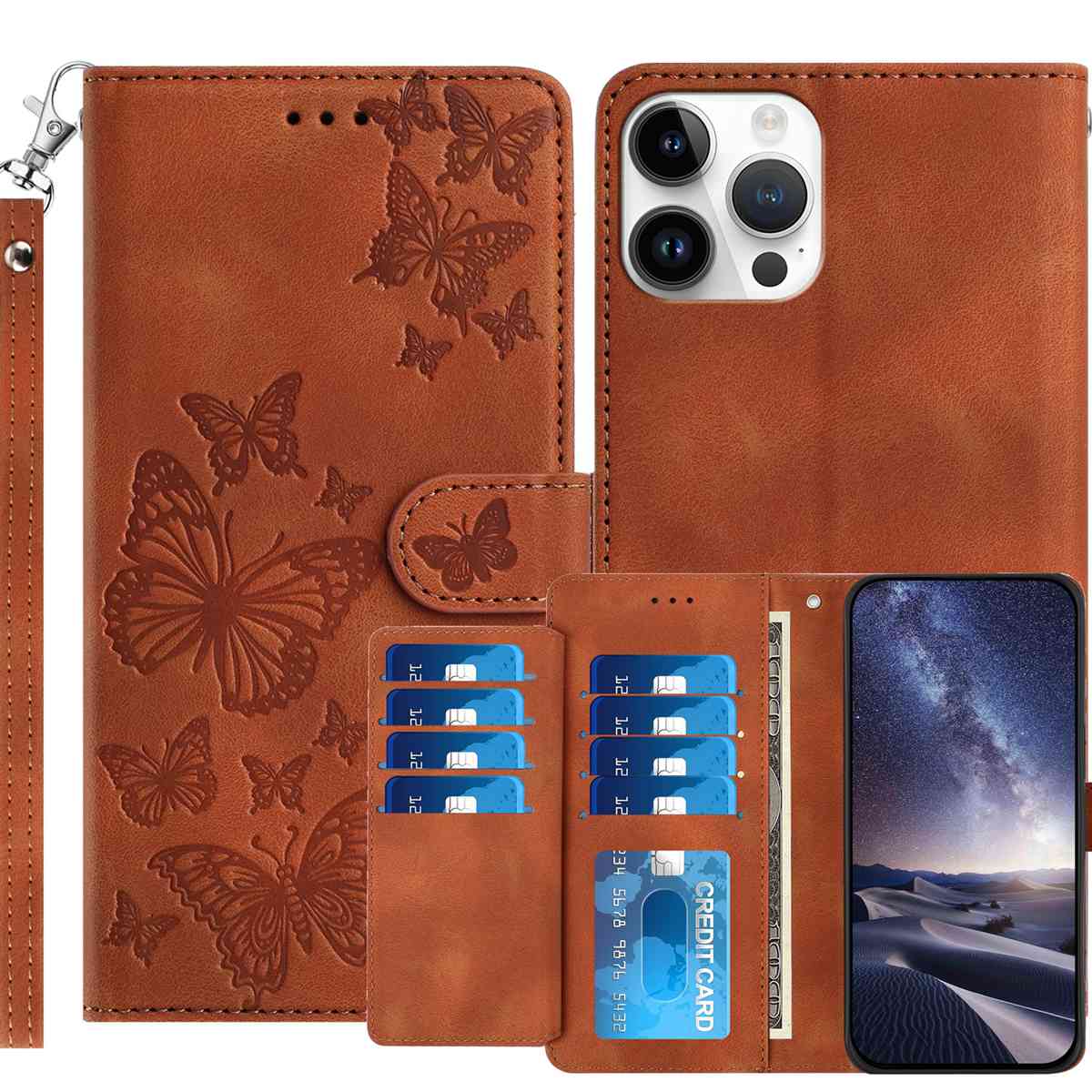For iPhone 16 Pro Max Wallet Case with 8 Card Slot Stand Imprinted Butterfly Pattern PU Leather Phone Cover with Wrist Strap - Brown