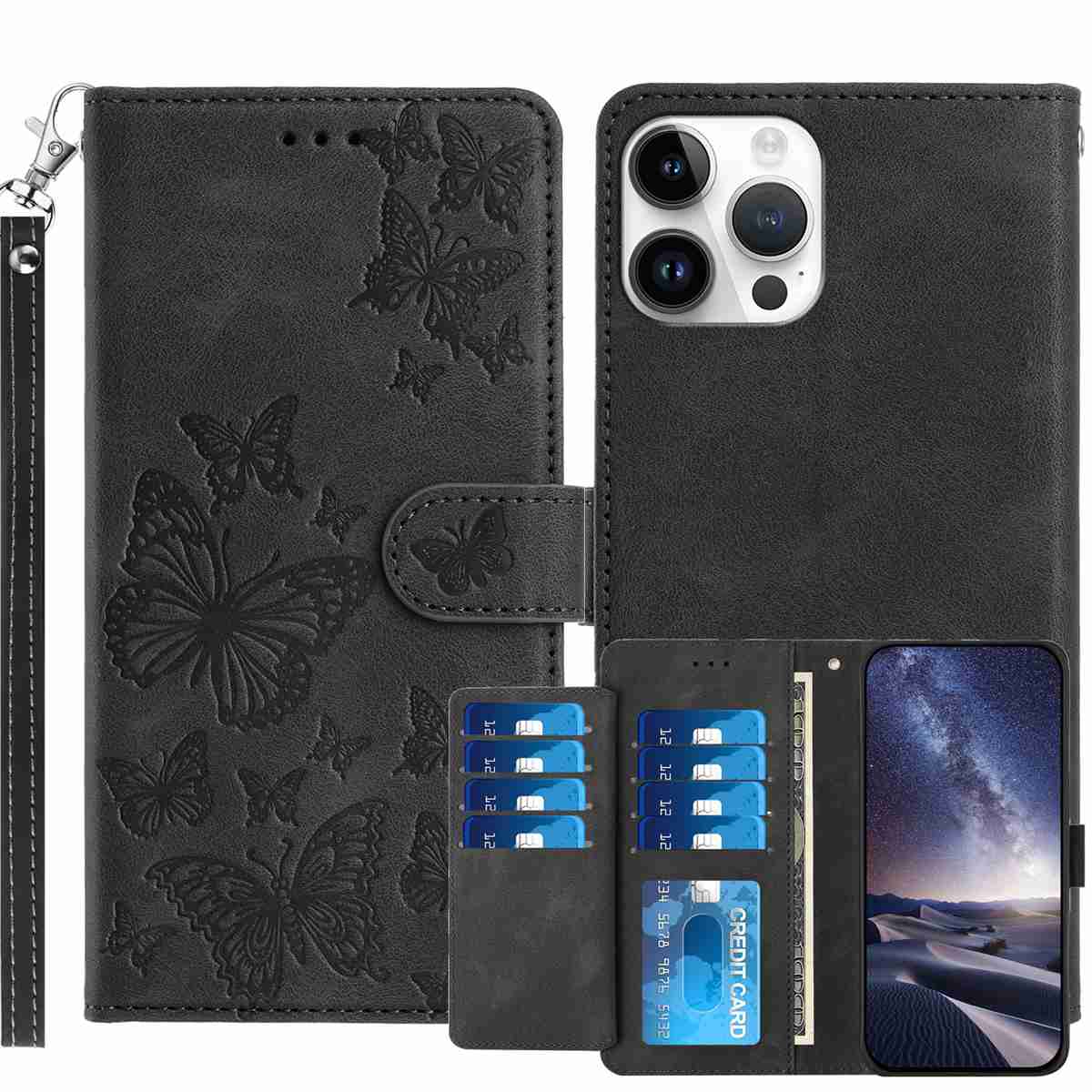 For iPhone 16 Pro Max Wallet Case with 8 Card Slot Stand Imprinted Butterfly Pattern PU Leather Phone Cover with Wrist Strap - Black