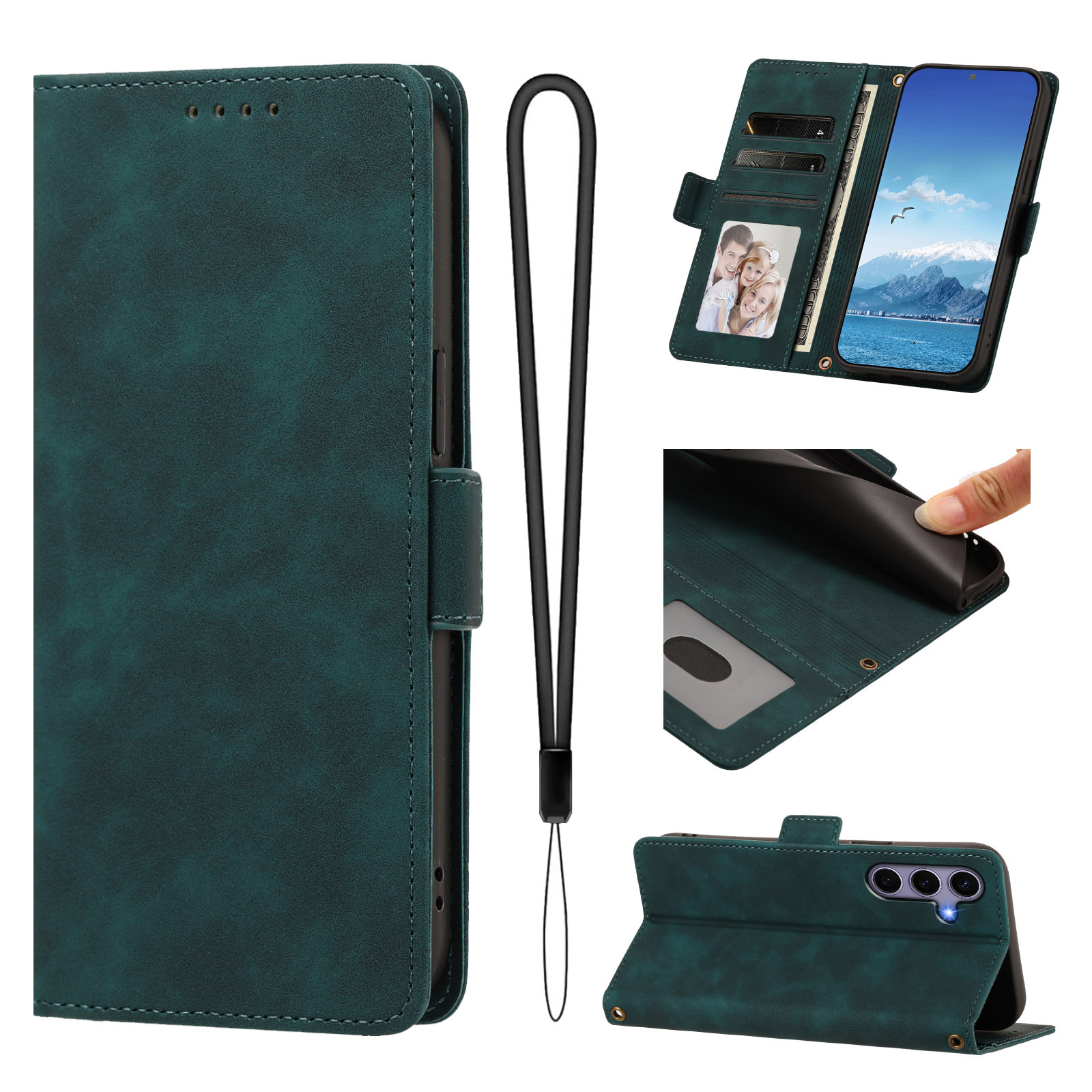 For Samsung Galaxy S24 / Galaxy S25 Case Skin-touch PU Leather Flip Wallet Phone Cover with Wrist Strap - Dark Green