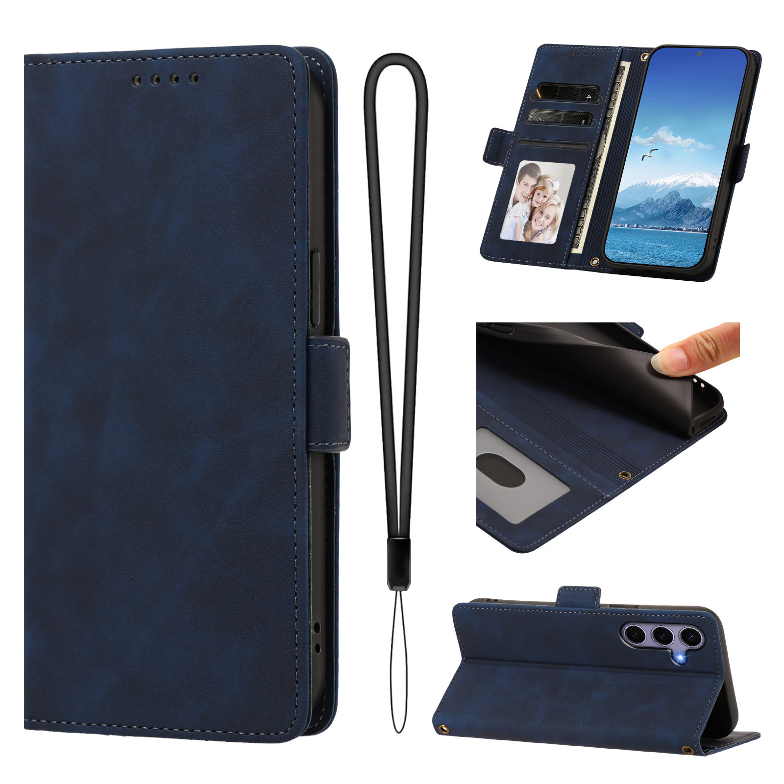 For Samsung Galaxy S24 / Galaxy S25 Case Skin-touch PU Leather Flip Wallet Phone Cover with Wrist Strap - Dark Blue