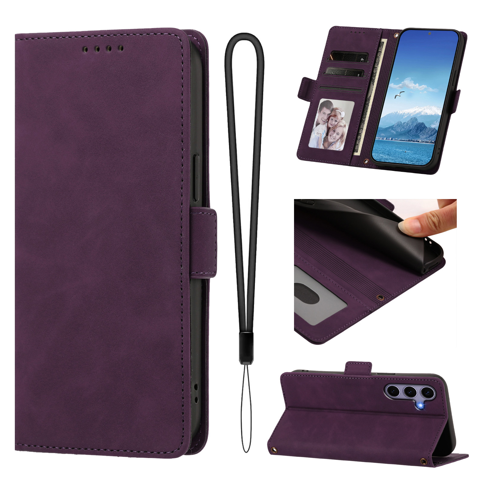 For Samsung Galaxy S24 / Galaxy S25 Case Skin-touch PU Leather Flip Wallet Phone Cover with Wrist Strap - Dark Purple