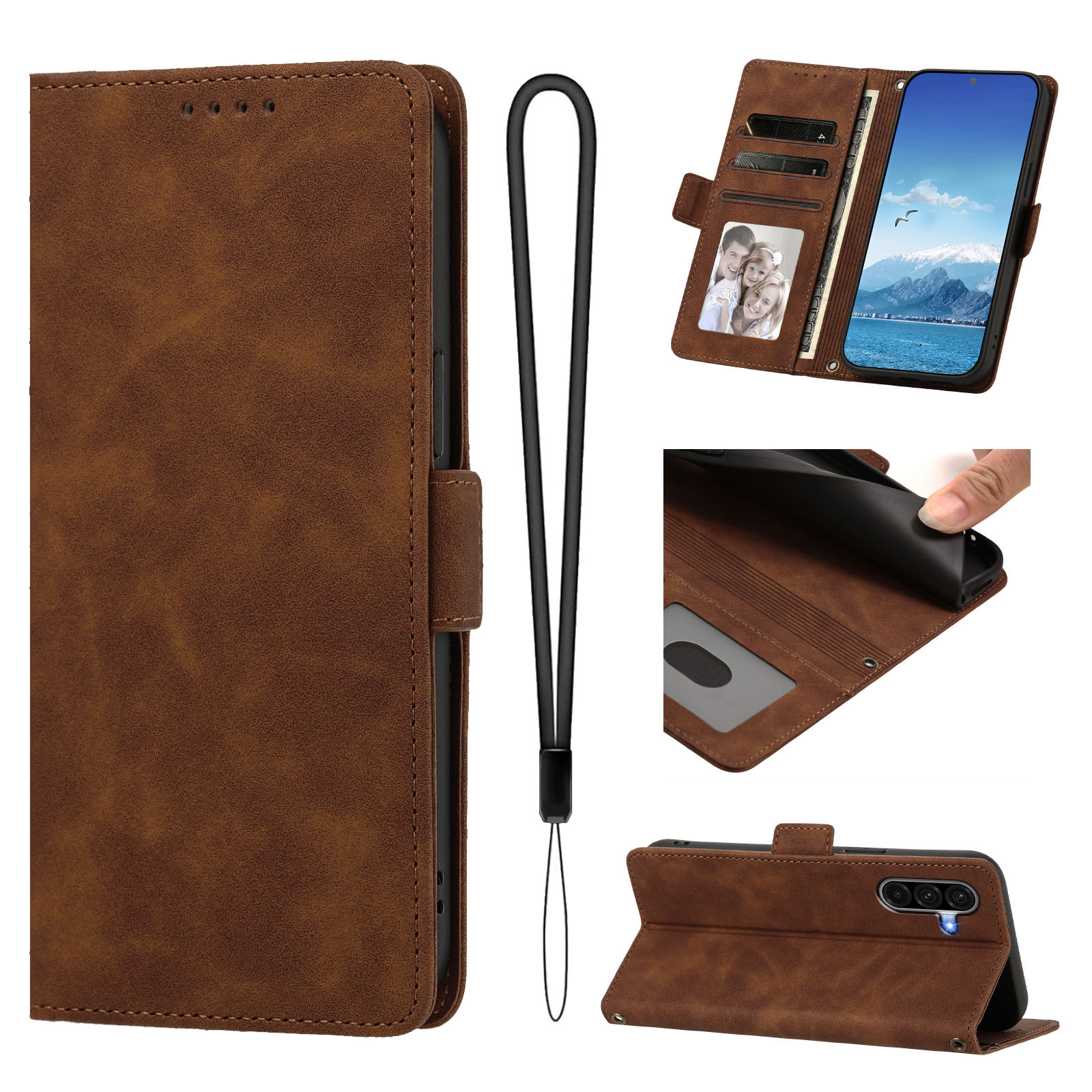 For Samsung Galaxy A18 4G / Galaxy A17 5G / Galaxy A17 4G / Galaxy A26 5G / Galaxy A18 5G Case Skin-touch PU Leather Flip Wallet Phone Cover with Wrist Strap - Brown