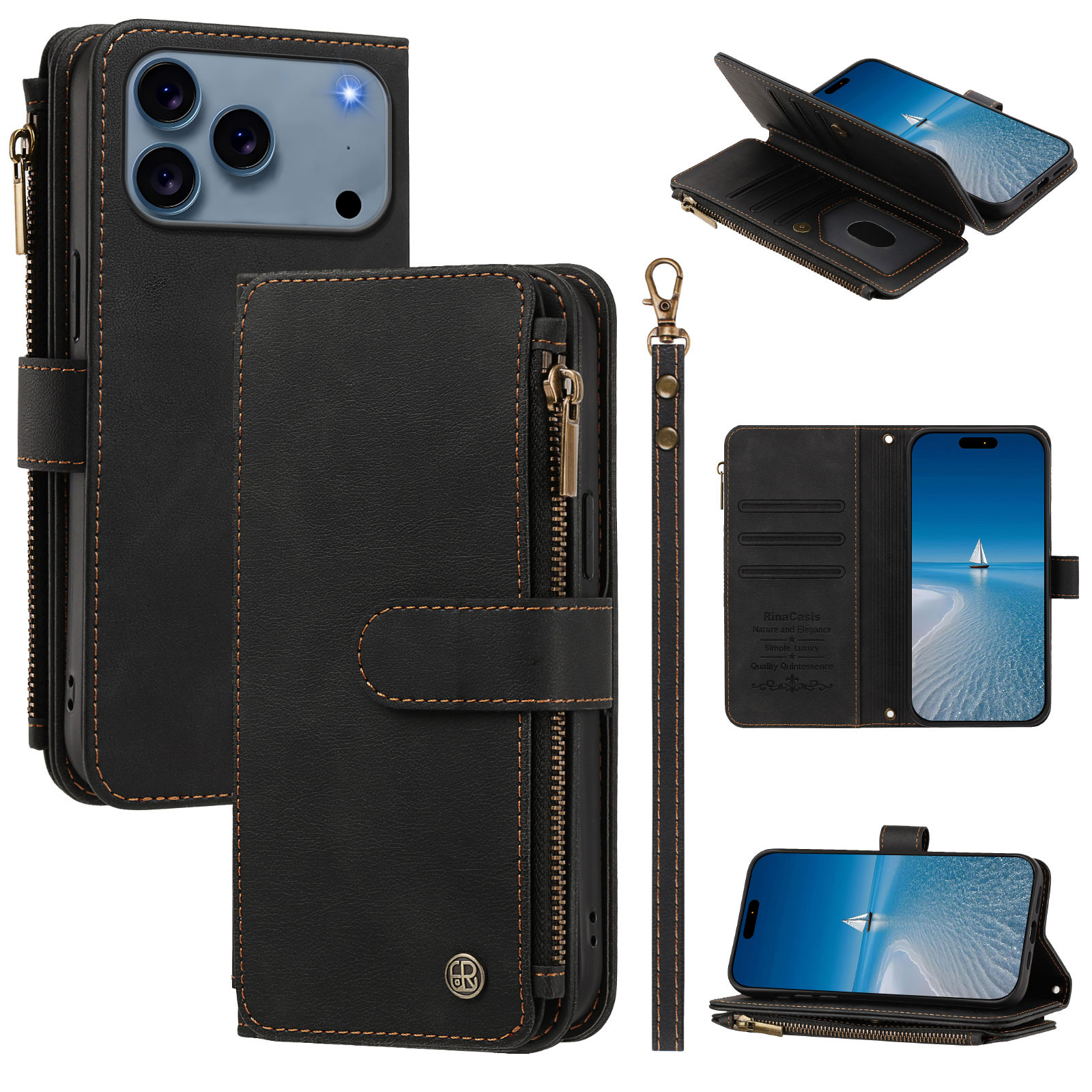For iPhone 17 Pro / iPhone 18 Pro Leather Case 9 Card Slots Zipper Wallet Stand Phone Cover with Wrist Strap - Black