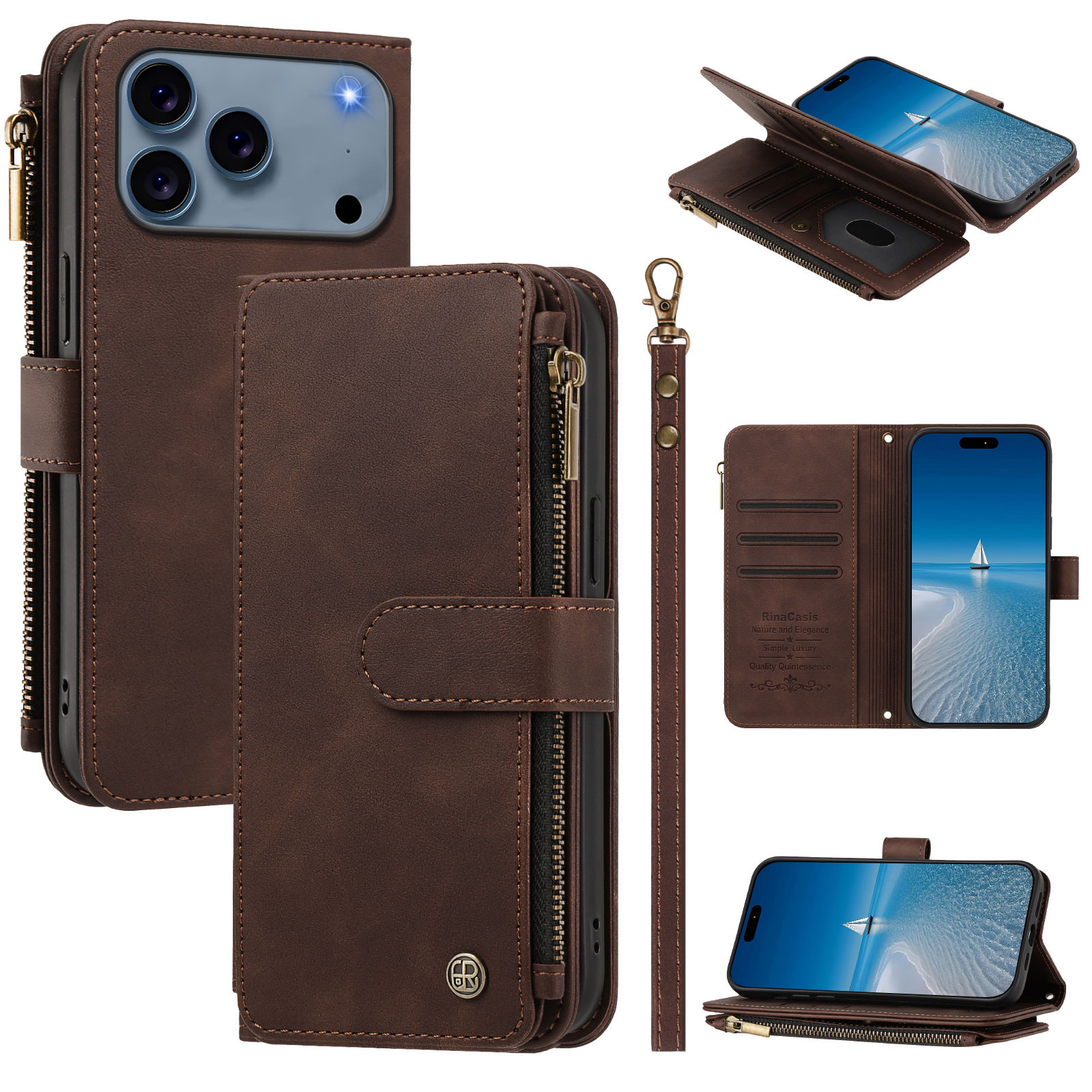 For iPhone 17 Pro / iPhone 18 Pro Leather Case 9 Card Slots Zipper Wallet Stand Phone Cover with Wrist Strap - Brown