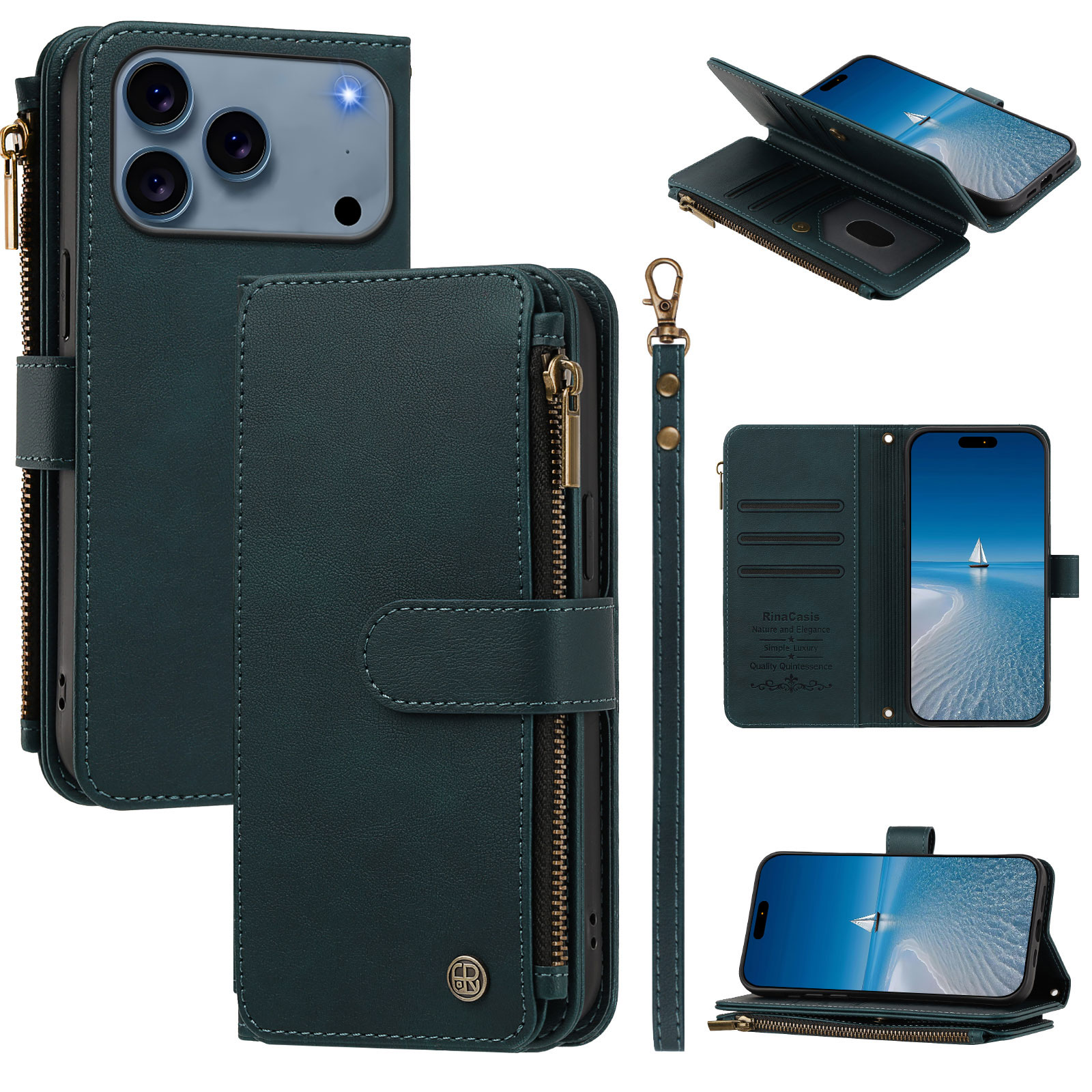 For iPhone 17 Pro / iPhone 18 Pro Leather Case 9 Card Slots Zipper Wallet Stand Phone Cover with Wrist Strap - Blackish Green
