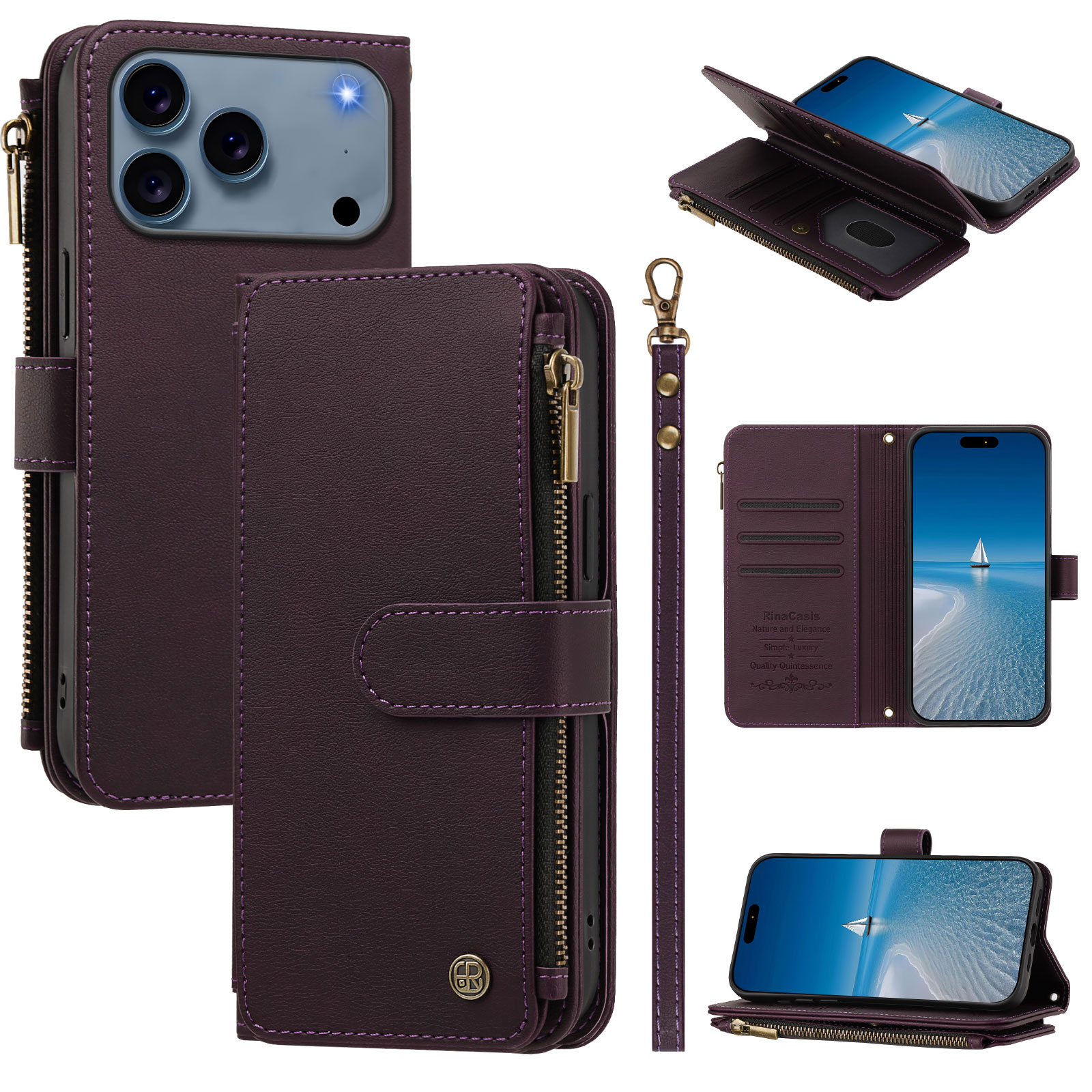 For iPhone 17 Pro / iPhone 18 Pro Leather Case 9 Card Slots Zipper Wallet Stand Phone Cover with Wrist Strap - Dark Purple