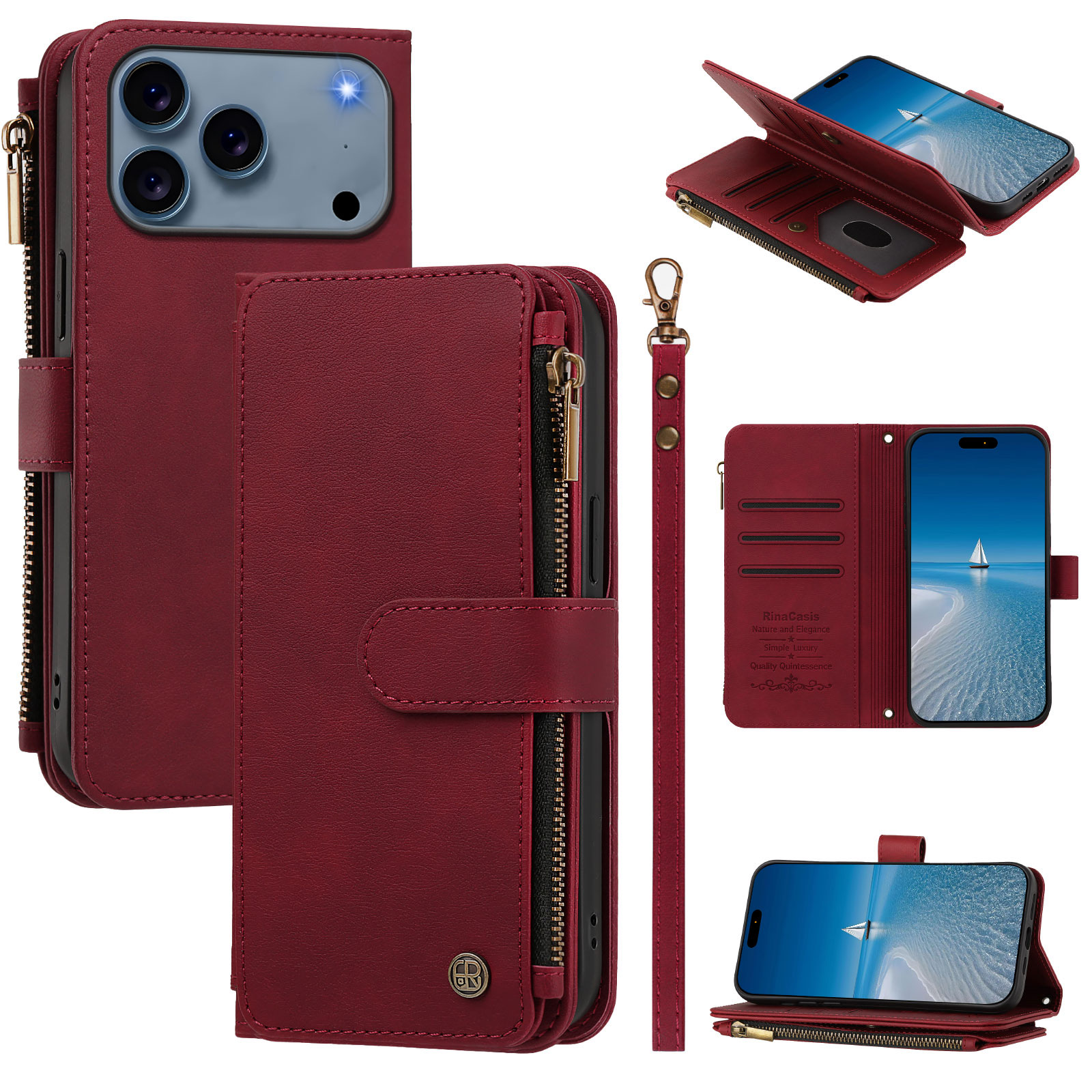 For iPhone 17 Pro / iPhone 18 Pro Leather Case 9 Card Slots Zipper Wallet Stand Phone Cover with Wrist Strap - Wine Red