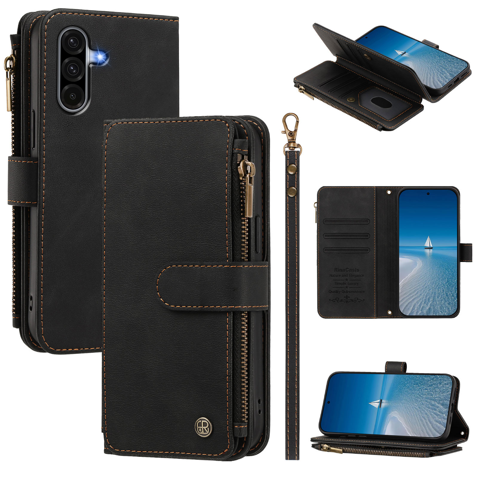 For Samsung Galaxy A18 5G / Galaxy A17 5G / Galaxy A17 4G / Galaxy A26 5G / Galaxy A18 4G Leather Case 9 Card Slots Zipper Wallet Stand Phone Cover with Wrist Strap - Black
