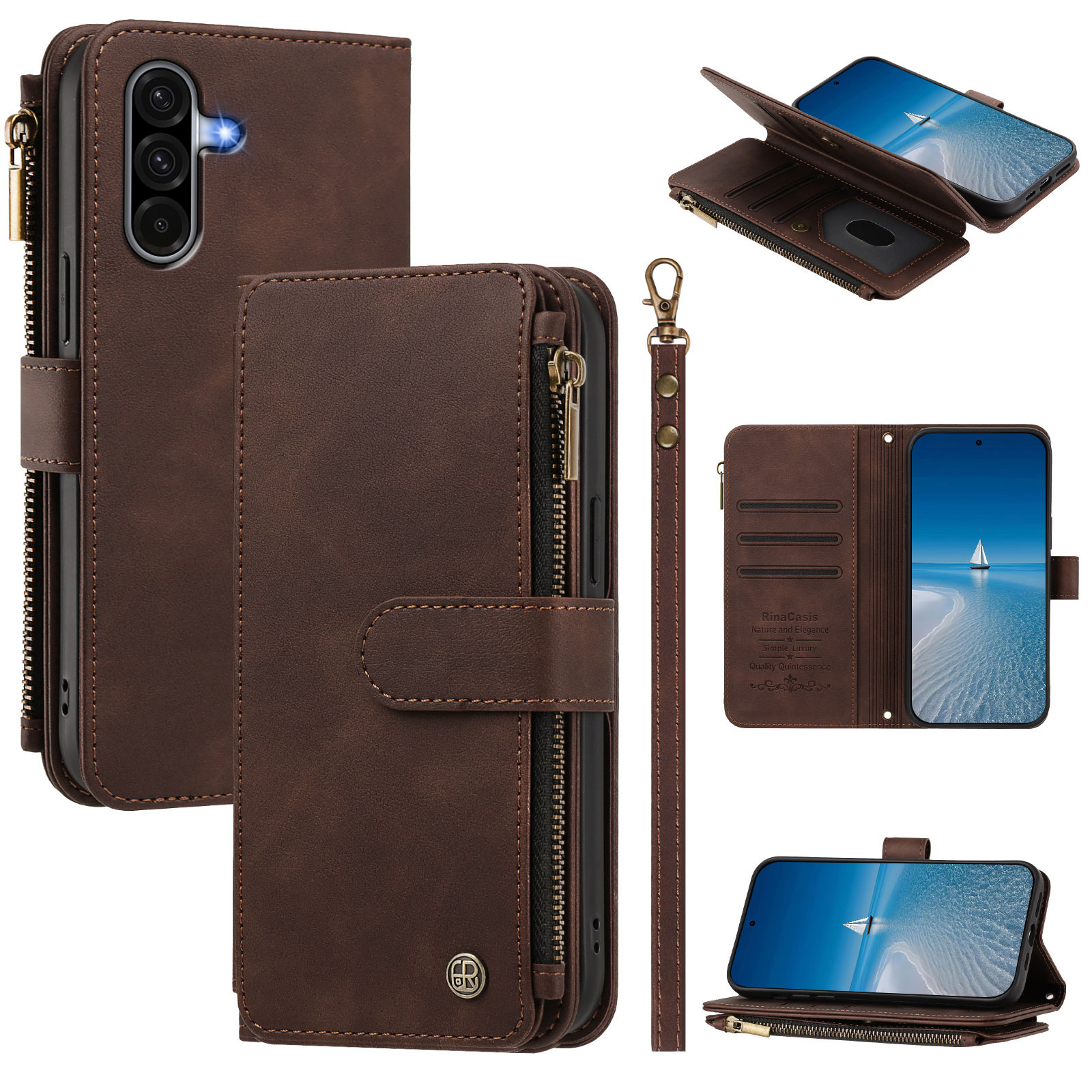 For Samsung Galaxy A18 5G / Galaxy A17 5G / Galaxy A17 4G / Galaxy A26 5G / Galaxy A18 4G Leather Case 9 Card Slots Zipper Wallet Stand Phone Cover with Wrist Strap - Brown