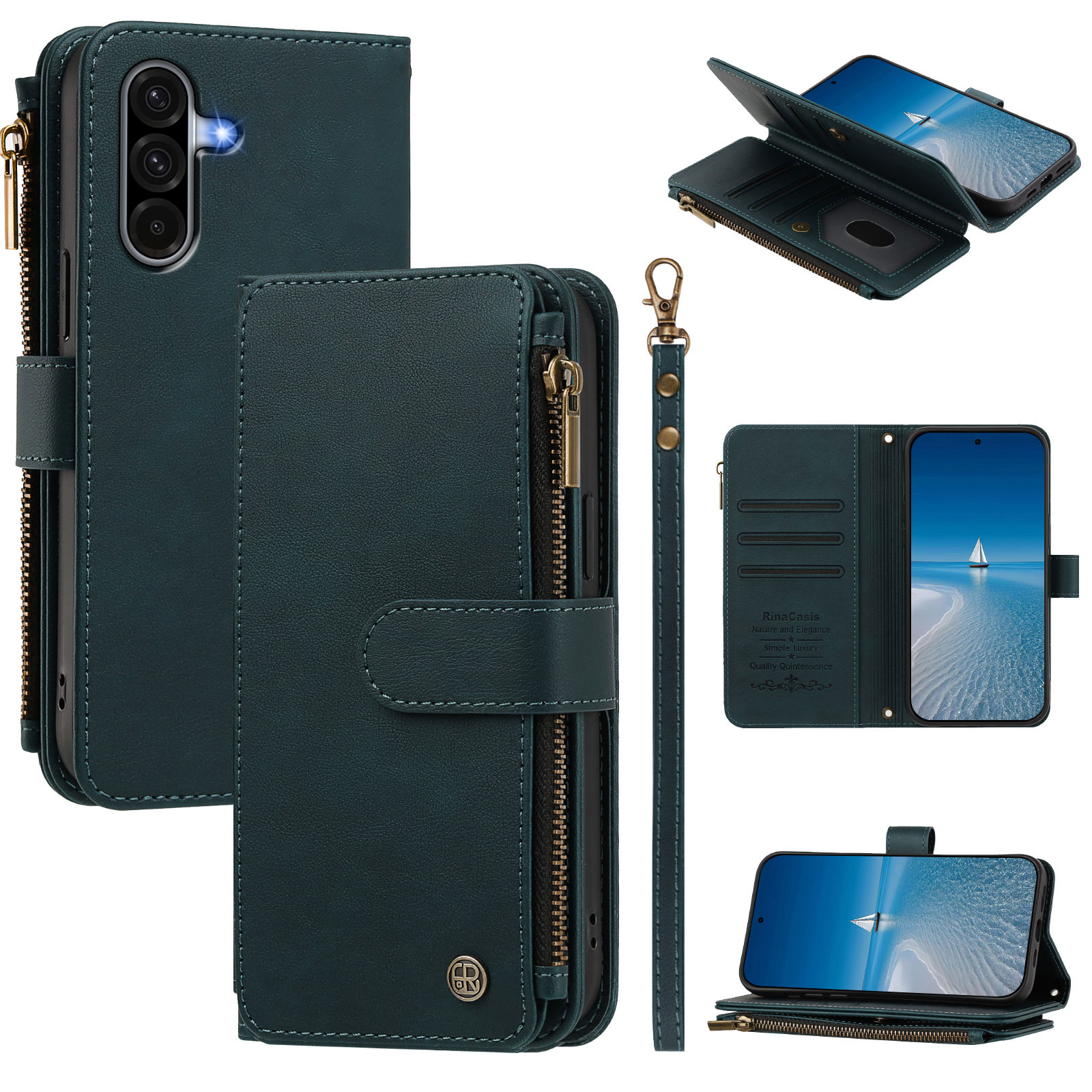 For Samsung Galaxy A18 5G / Galaxy A17 5G / Galaxy A17 4G / Galaxy A26 5G / Galaxy A18 4G Leather Case 9 Card Slots Zipper Wallet Stand Phone Cover with Wrist Strap - Blackish Green