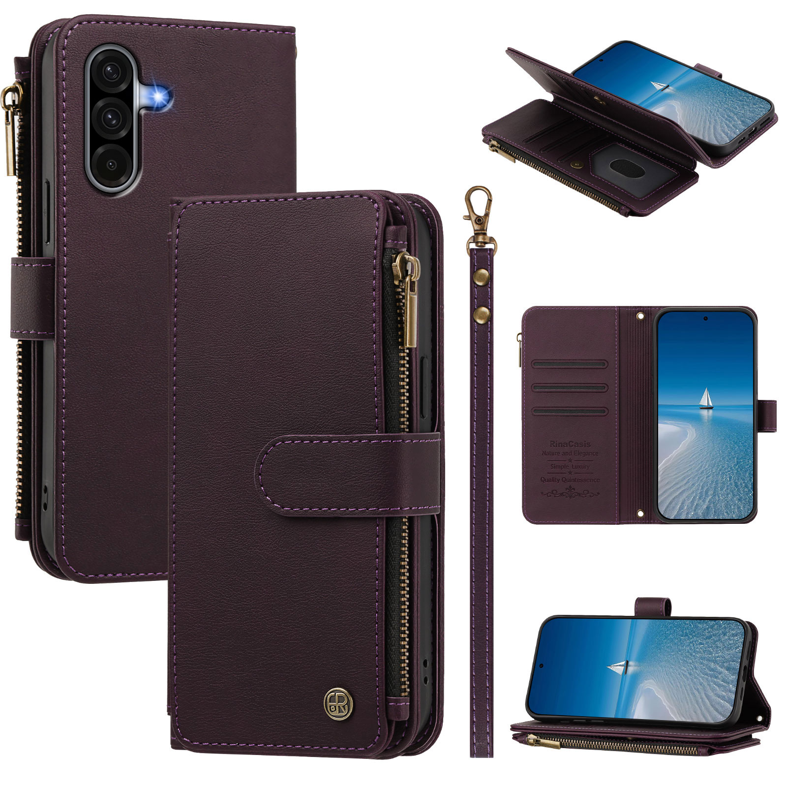 For Samsung Galaxy A18 5G / Galaxy A17 5G / Galaxy A17 4G / Galaxy A26 5G / Galaxy A18 4G Leather Case 9 Card Slots Zipper Wallet Stand Phone Cover with Wrist Strap - Dark Purple
